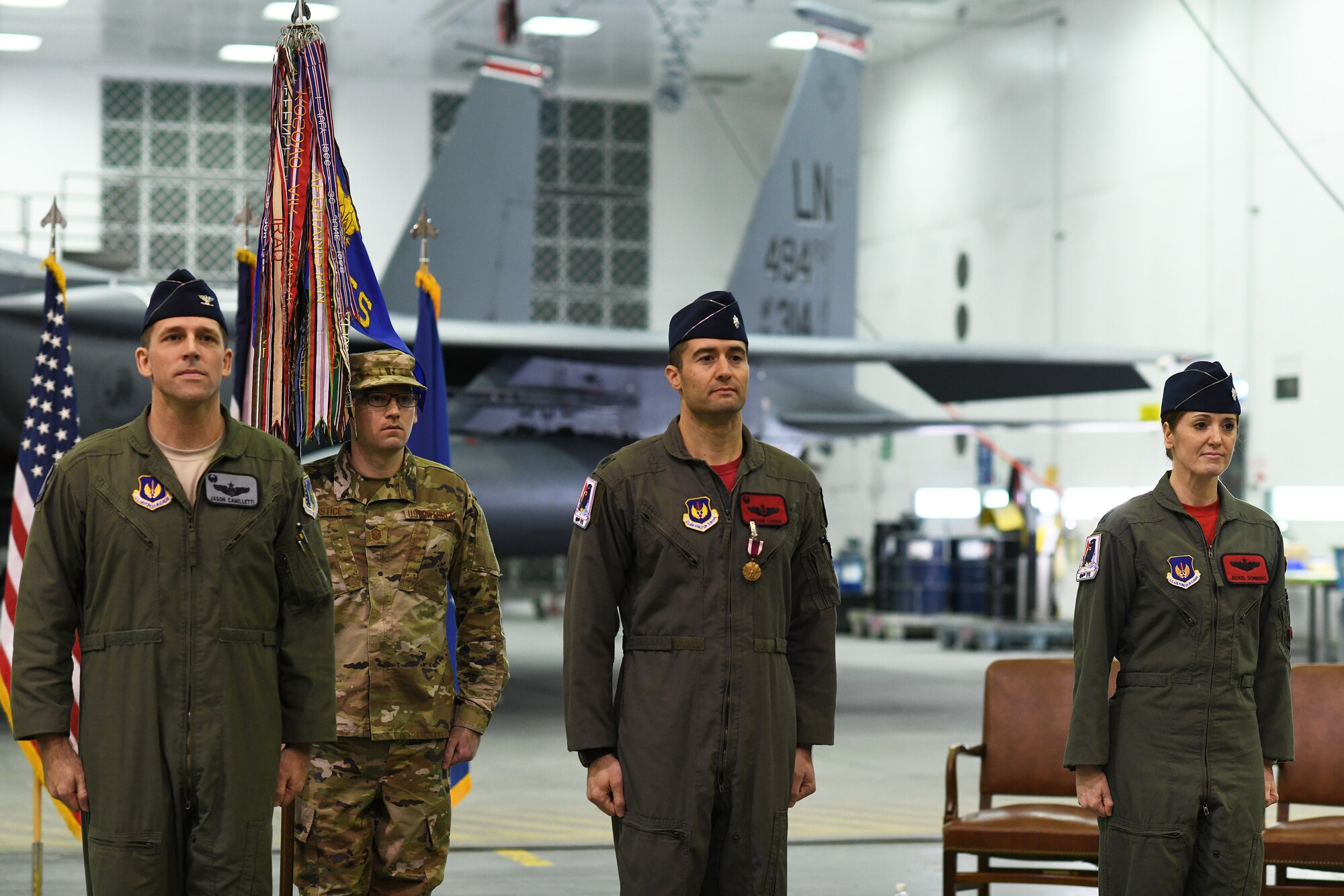 The 494th Fighter Squadron conducts a change of command ceremony at Royal Air Force Lakenheath, England, March 8, 2019. The change of command ceremony is a military tradition that formally signifies the transfer of responsibility for a unit from one commanding officer to another. (U.S. Air Force photo by Airman 1st Class Shanice Williams-Jones)