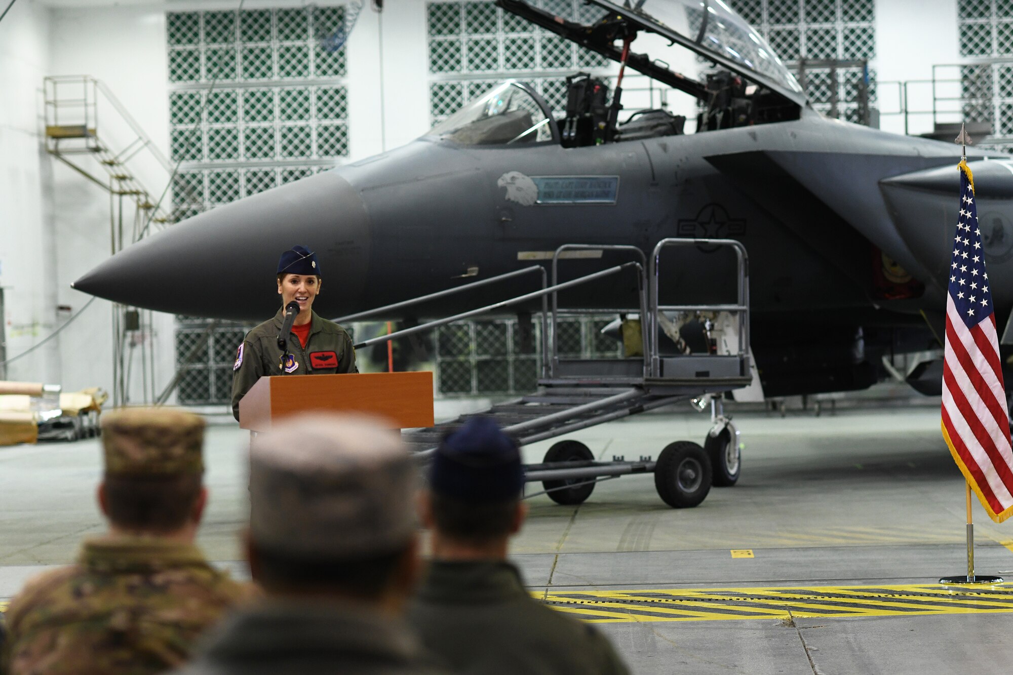 Lt. Col. Jaina L. Donberg, incoming 494th Fighter Squadron commander, addresses the 494th FS as its leader for the first time during the change of command ceremony at Royal Air Force Lakenheath, England, March 8, 2019. Donberg expressed her gratitude to be welcomed as a part of the ‘Finest, Baddest, Meanest’ fighter squadron family. (U.S. Air Force photo by Airman 1st Class Shanice Williams-Jones)