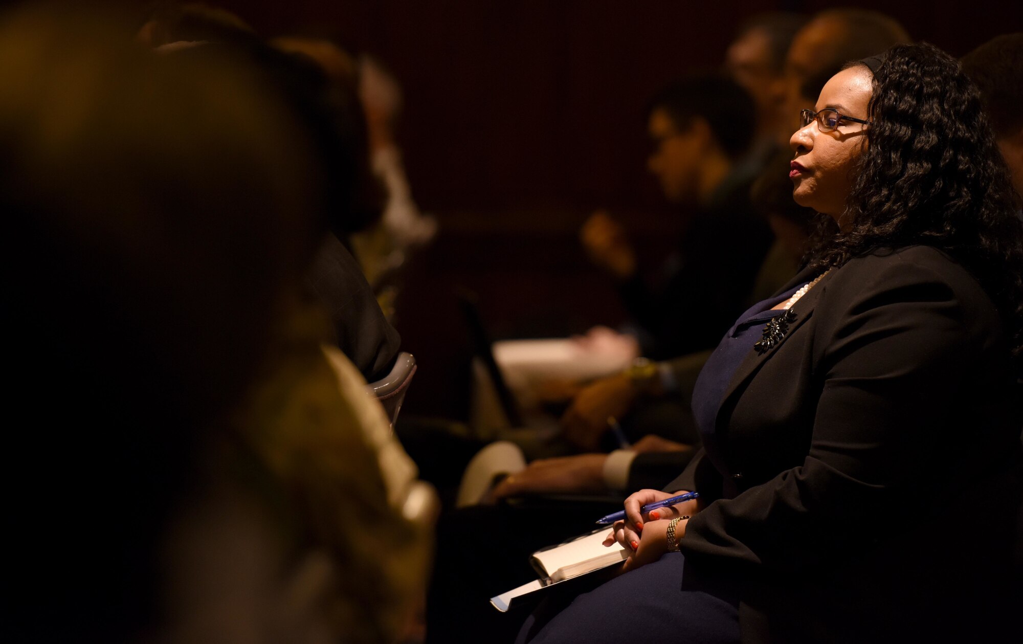 Halimah Najieb-Locke, House Armed Services Committee professional staff member, listens to small businesses pitch solutions to the Air Force during the inaugural Air Force Pitch Day in New York, March 7, 2019. The Air Force is partnering with small businesses to help further national security in air, space and cyberspace. (U.S. Air Force photo by Tech Sgt. Anthony Nelson Jr.)