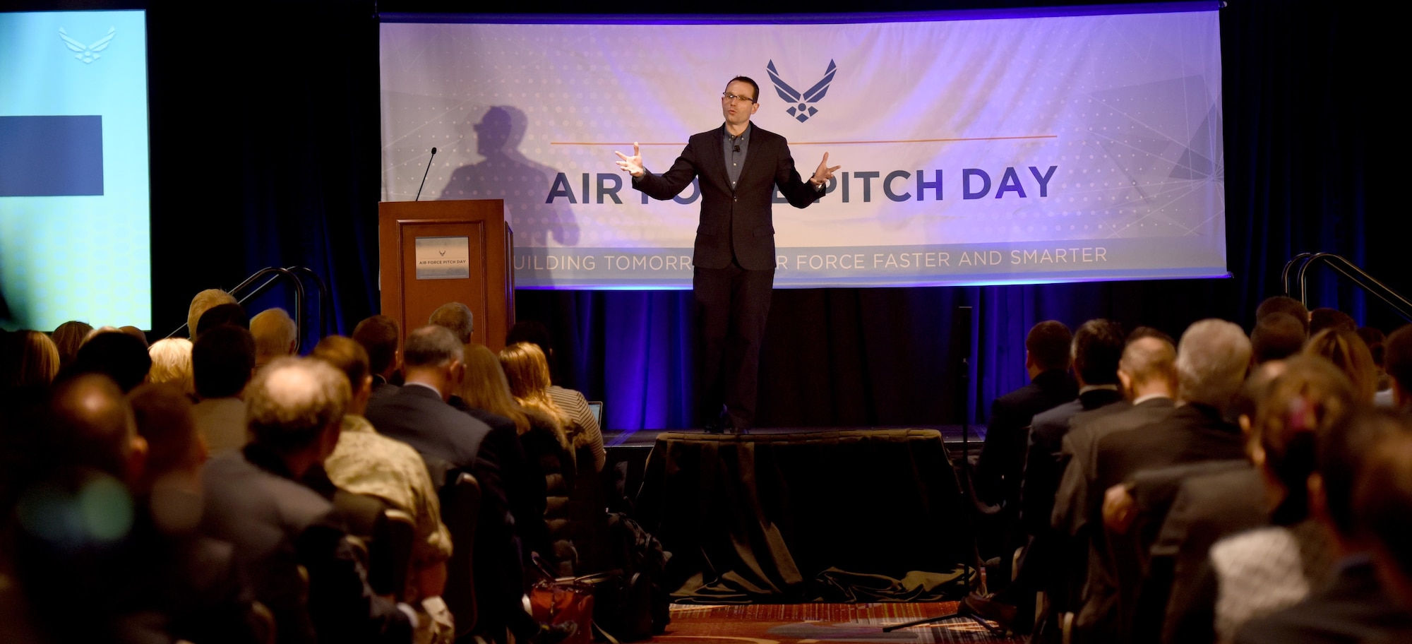 Dr. Will Roper, assistant secretary of the Air Force for acquisition, technology and logistics, speaks to a crowd of small businesses, venture capitalists and Airmen during the inaugural Air Force Pitch Day in New York, March 7, 2019. Air Force Pitch Day is designed as a fast-track program to put companies on one-page contracts and same-day awards with the swipe of a government credit card. The Air Force is partnering with small businesses to help further national security in air, space and cyberspace. (U.S. Air Force photo by Tech Sgt. Anthony Nelson Jr.)