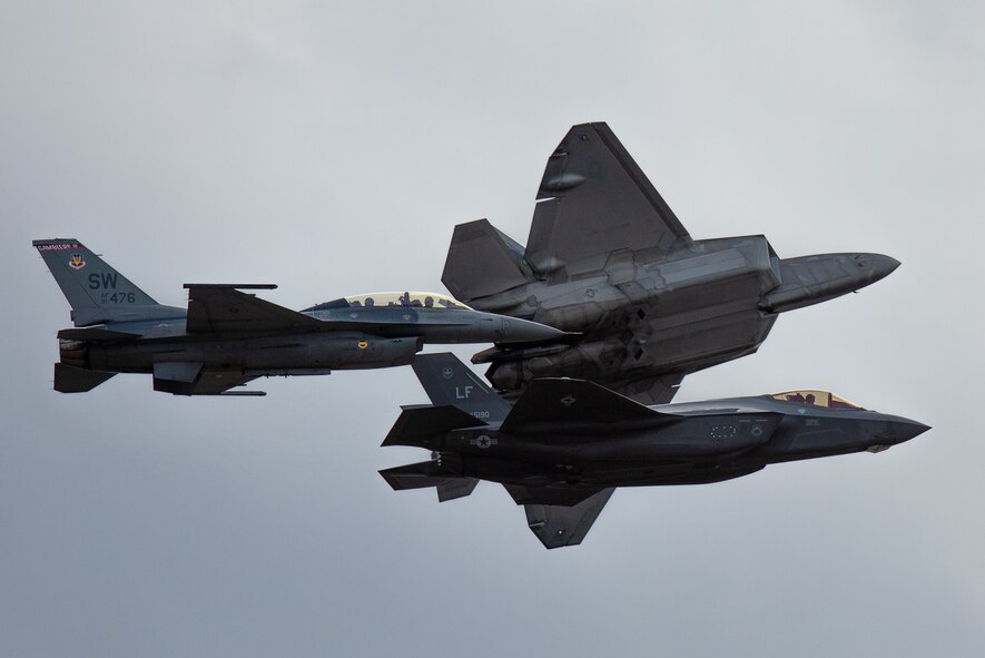 F-16 Viper, F-35 Lighting II and F-22 Raptor fly in formation