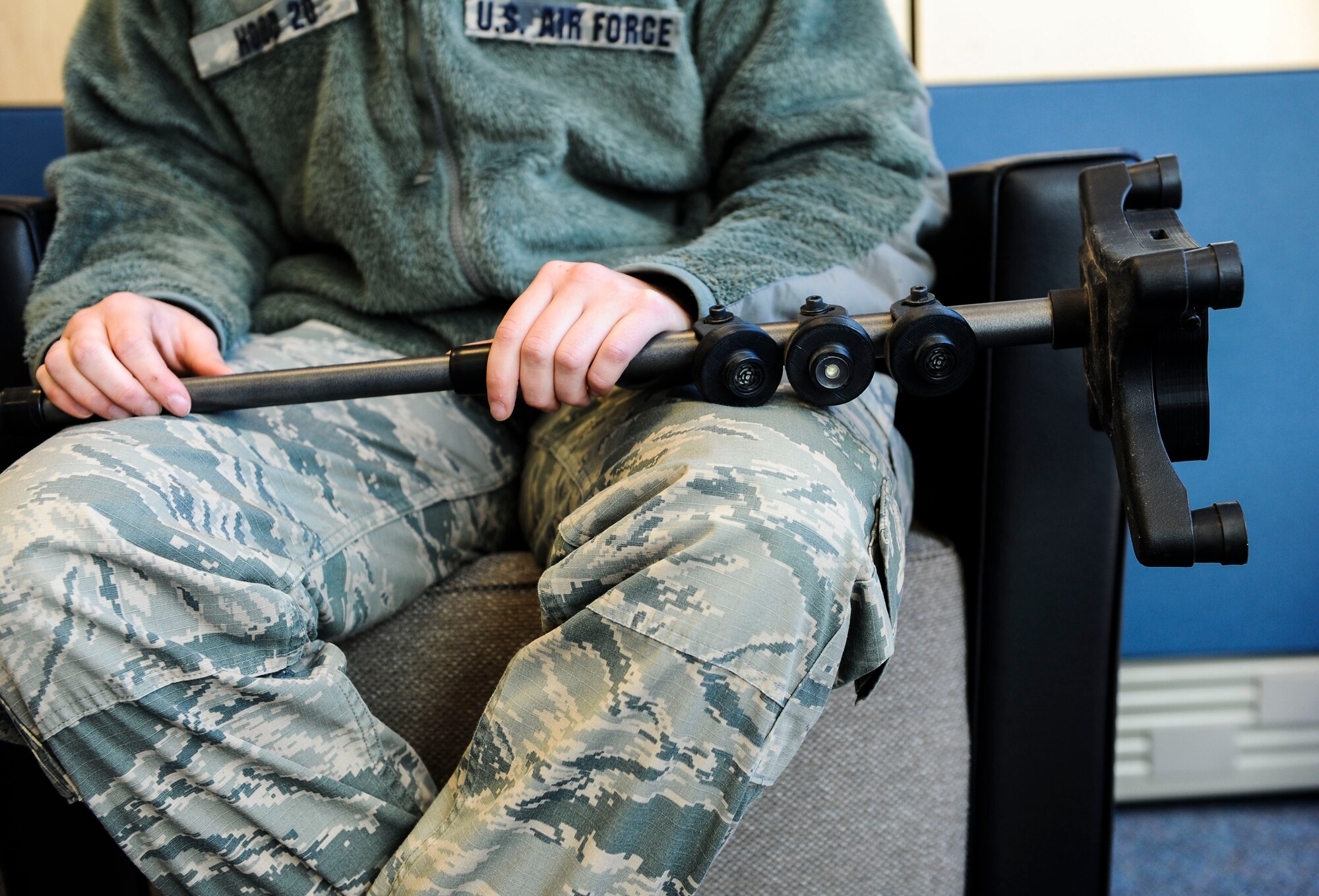 Cadet 2nd Class Mary Hood showcases her self-developed "Freedom Cane," a technologically advanced anti-fall device Feb. 27, 2019, at the U.S. Air Force Academy, Colorado. Hood won the Colorado State Science Fair in 2015 and entered that year’s International Science Fair. She took prize money from her state-level win to begin patent research and develop a practical prototype with the aid of a mechanical engineer. (U.S. Air Force photo by Jennifer Spradlin)