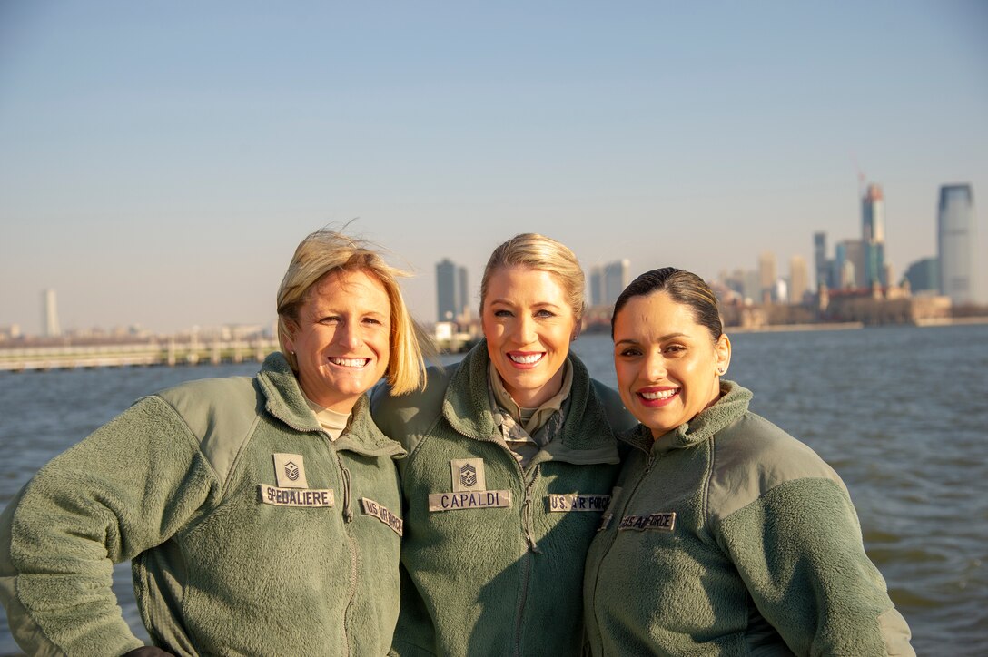 U.S. Air Force Master Sgt. Rebekah Spedalier, left, First Sergeant of the 514th Logistics Readiness Squadron, Command Chief Master Sgt Dana Capaldi, center, and Senior Master Sgt. Corinne Aimable, right, First Sergeant of the 714th Aircraft Maintenance Squadron, all with the 514th Air Mobility Wing, pose for a photo on a park police boat sailing from Ellis Island, N.Y. to the Statue of Liberty, March 7, 2019. Spedalier, also a Federal Law Enforcement Officer at the monument, gave women of the 514th a tour of the statue to celebrate Women’s History Month. (U.S. Air Force photo by 1st Lt Emily L. A. Rautenberg)