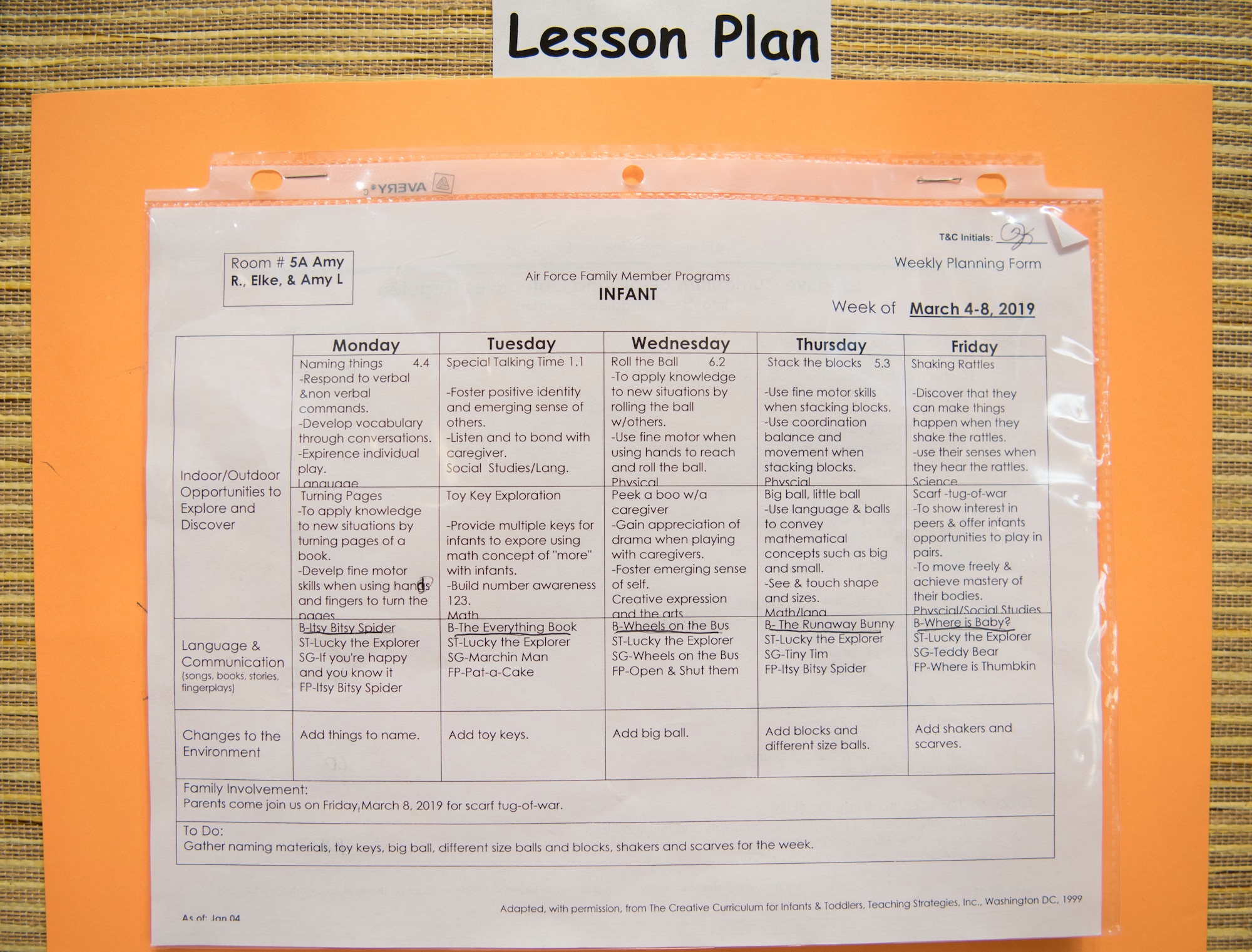 A lesson plan is displayed outside a classroom at the 20th Force Support Squadron Child Development Center (CDC), March 8, 2019.