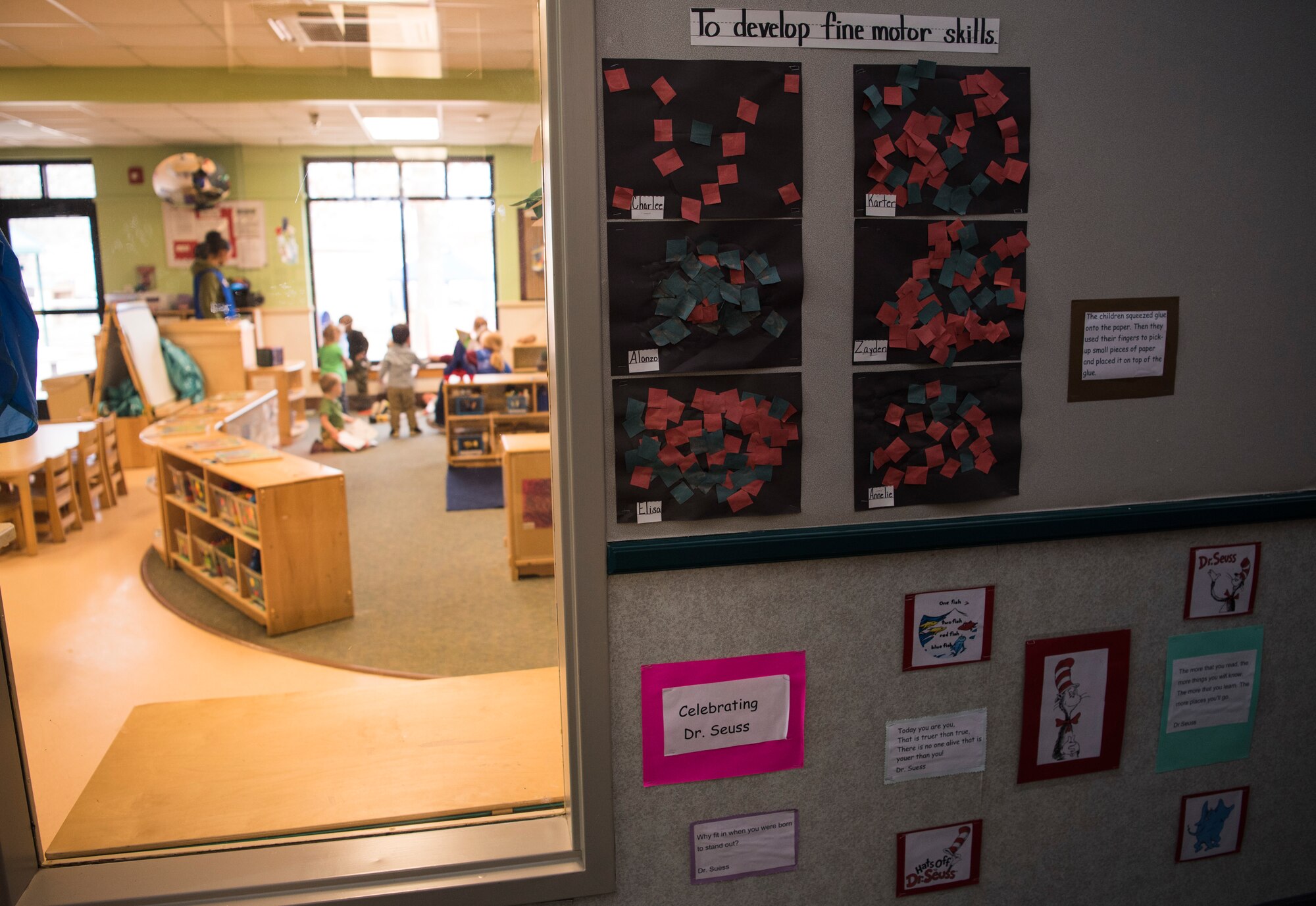 Children’s artwork is displayed outside a classroom at the 20th Force Support Squadron Child Development Center (CDC), March 8, 2019.