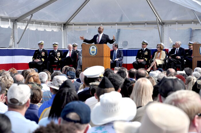 South Carolina Sen. Tim Scott delivers his remarks during the commissioning ceremony of the Navy's newest littoral combat ship, USS Charleston (LCS 18).