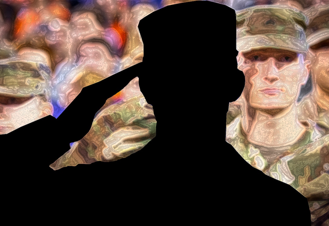 An illustration of a service member in silhouette saluting a group of fellow service members.