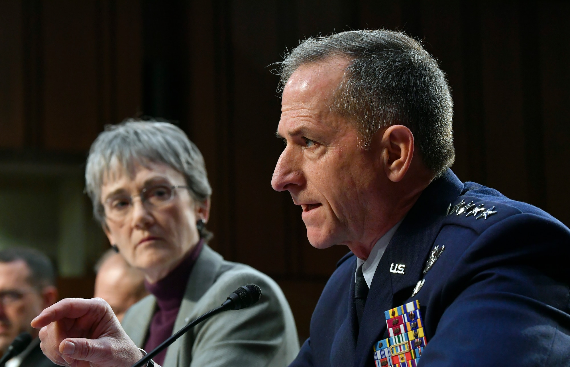 Air Force Chief of Staff Gen. David L. Goldfein and Secretary of the Air Force Heather Wilson provide testimony to the Senate Armed Services Committee in Washington, D.C., March 7, 2019. The committee examined privatized military housing for service members and their families. (U.S. Air Force Photo by Wayne Clark)