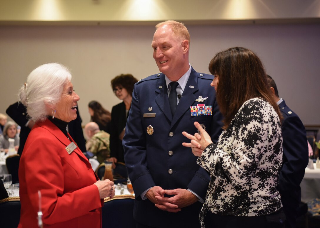 U.S. Air Force Col. Michael Hough, 30th Space Wing commander, and his wife Leslie speak with Alice Patino, Santa Maria mayor, during the Joint Chambers of Commerce luncheon March 7, 2019, at Vandenberg Air Force Base, Calif. The luncheon was established 10 years ago as a way to continually update local communities with the mission, priorities and upcoming projects on Vandenberg AFB. (U.S. Air Force photo by Airman 1st Class Aubree Milks)