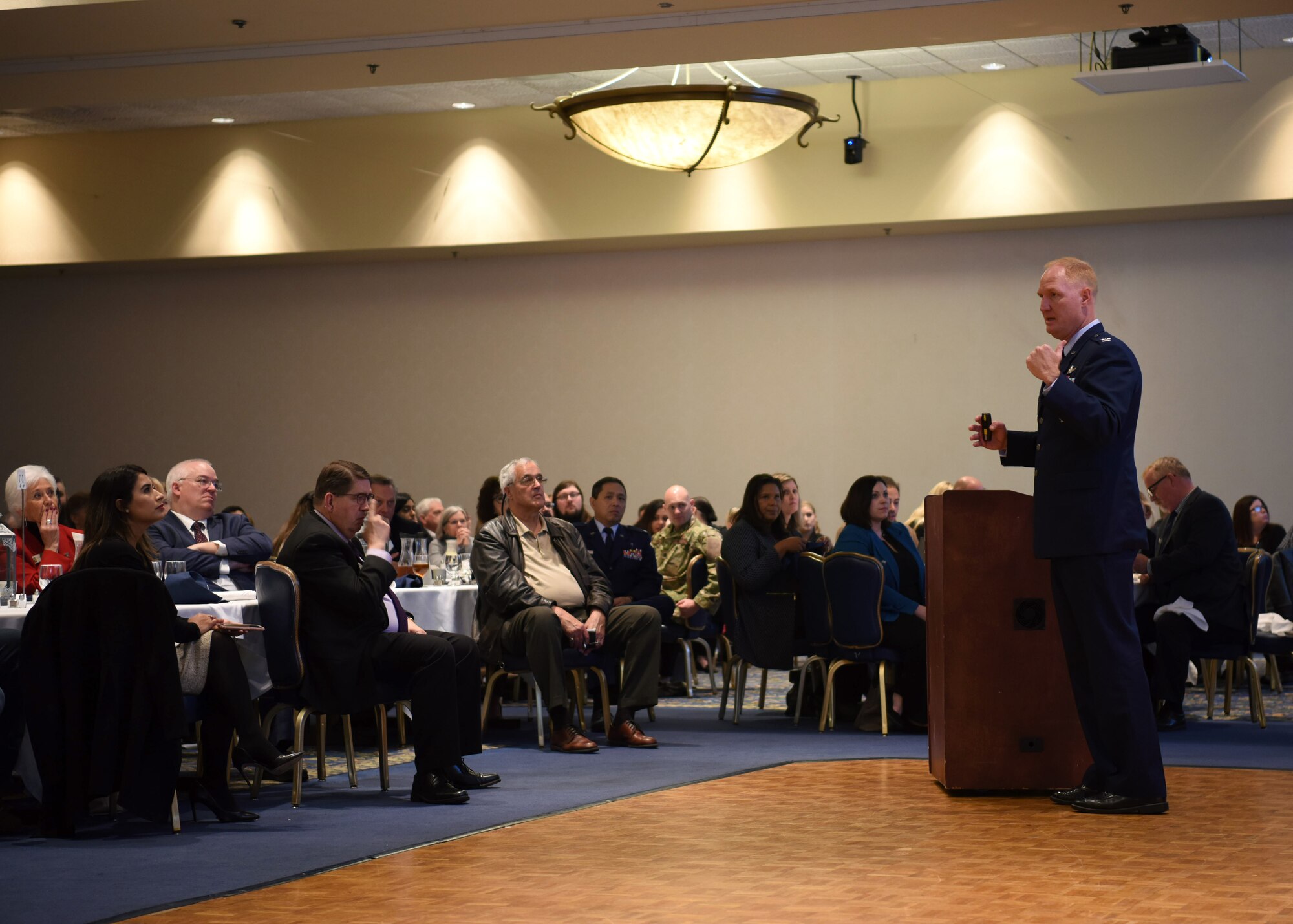 U.S. Air Force Col. Michael Hough, 30th Space Wing commander, speaks during the Joint Chamber of Commerce luncheon March 7, 2019, at Vandenberg Air Force Base, Calif. Base leadership, civic leaders, business owners and community members came together to speak about events and projects that will occur in 2019. (U.S. Air Force photo by Airman 1st Class Aubree Milks)