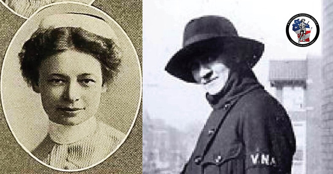 A composite image shows two black and white photos of women and a Wisconsin National Guard logo.