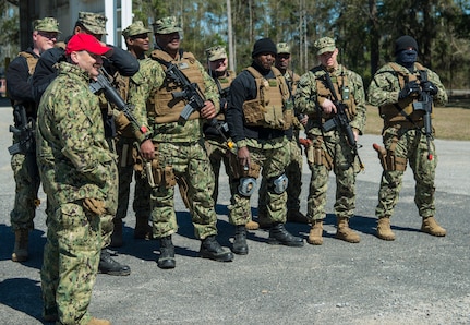 Sailors from the Coastal Riverine Squadron 10 Bravo 2nd Platoon, stand in formation during a deployment exercise March 6, 2019, at Joint Base Charleston, S.C. -- Naval Weapons Station.