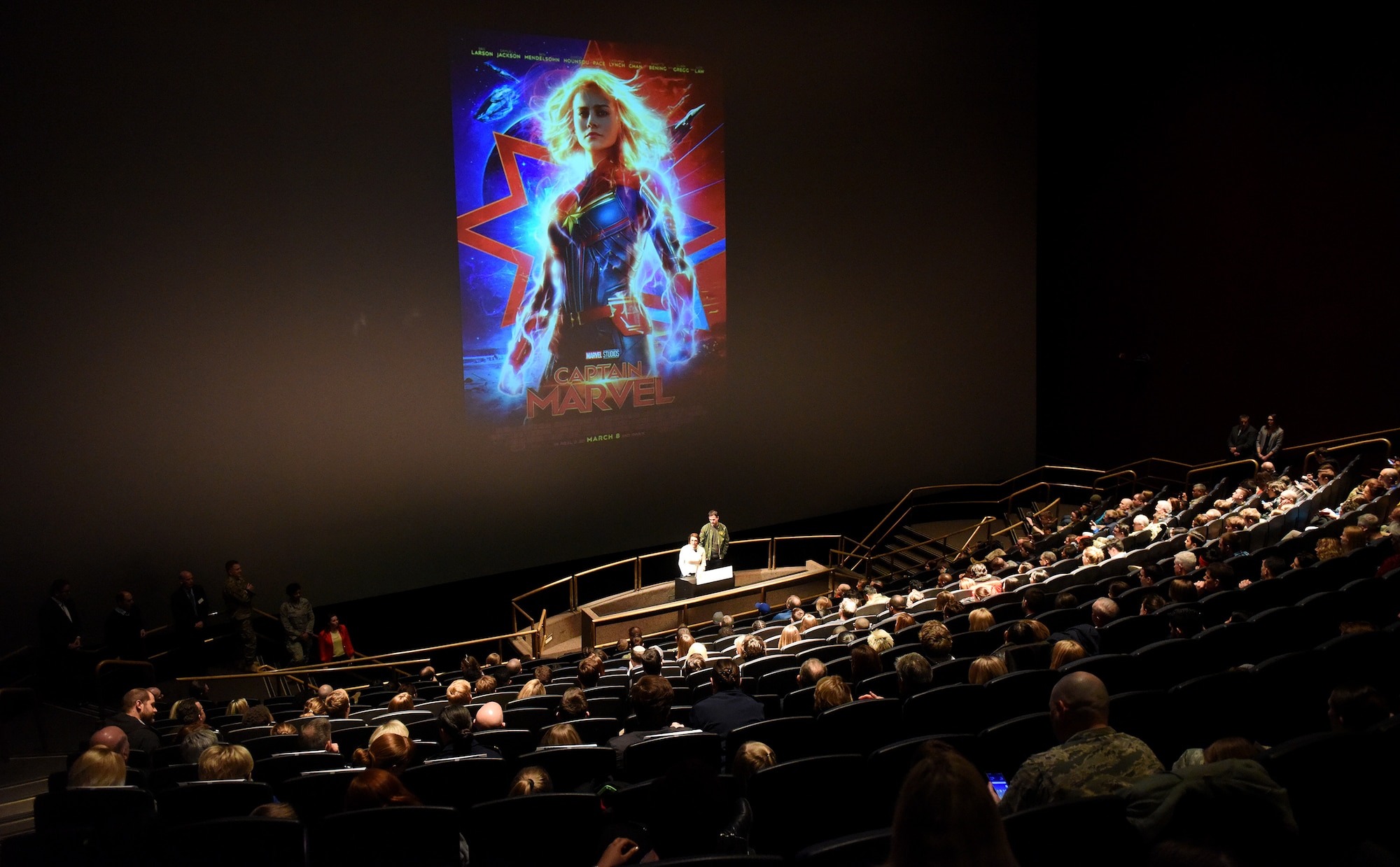 Anna Boden and Ryan Flack, “Captain Marvel” co-directors, give remarks during a screening of “Captain Marvel” in Washington, D.C., March 7, 2019. The screening was held to highlight Air Force collaboration with Disney and the inspiration behind the main character’s warrior ethos: “higher, further, faster.” (U.S. Air Force photo by Staff Sgt. Rusty Frank)