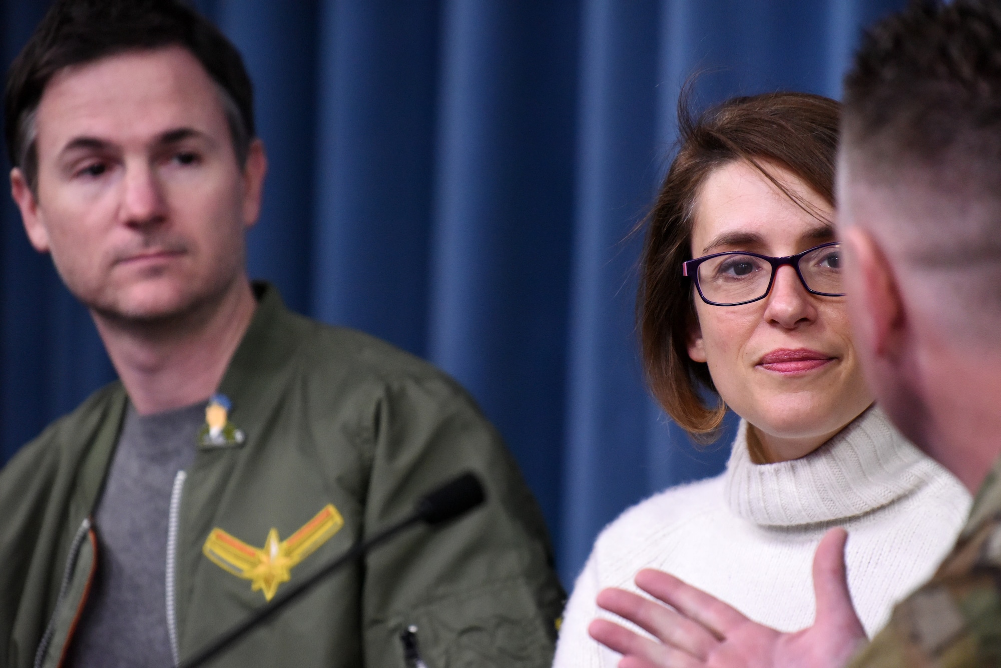 Anna Boden and Ryan Flack, “Captain Marvel” co-directors, answer questions during a round table at the Pentagon, Arlington, Va., March 7, 2019. The media round table was one of many events held as an outreach event targeting Air Force families, congressional representatives and select organizations. (U.S. Air Force photo by Staff Sgt. Rusty Frank)