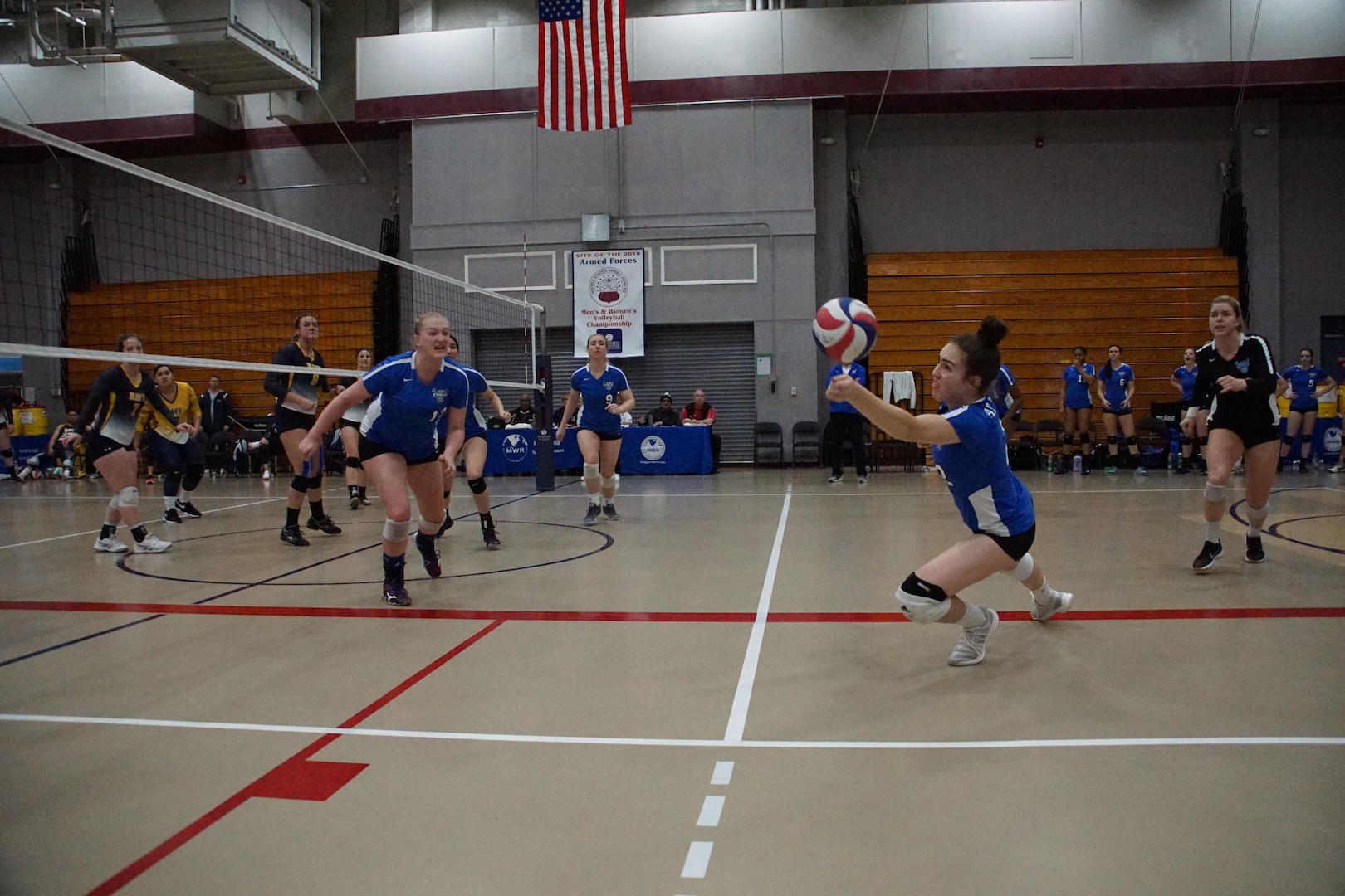 Elite U.S. military volleyball players from around the world compete for dominance at Fort Bragg's Ritz Epps Physical Fitness Center March 6-8, 2019 to determine the best of the best at the 2019 Armed Forces Volleyball Championship. Army, Navy (with Coast Guard) and Air Force teams squared off at the annual AFVC through three days of round-robin competition, to eventually crown the best men and women volleyball players in the military. U.S. Navy photo by Mass Communications Specialist 1st Class John Benson (Released)