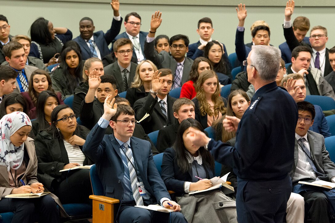 Air Force Gen. Paul Selva, vice chairman of the Joint Chiefs of Staff, speaks to students with the U.S. Senate Youth Program at the Pentagon.
