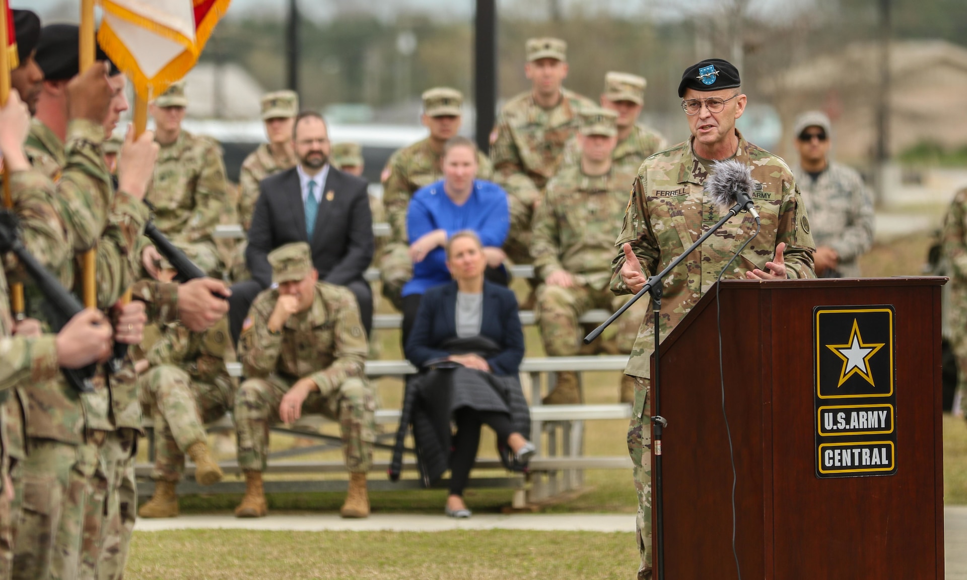 Lt. Gen. Terry Ferrell, commanding general of U.S. Army Central, provides his incoming speech to the attendees of USARCENT’s change of command ceremony at Lucky Park, outside of the command’s headquarters, Shaw Air Force Base S.C., Mar. 8, 2019. Lt. Gen. Michael X. Garrett relinquished command and control of USARCENT to Ferrell.