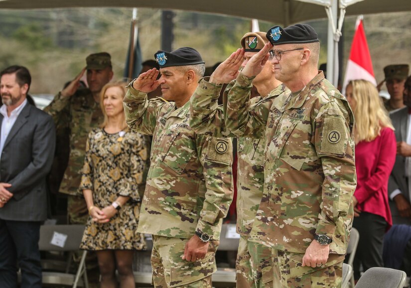 From left to right, Lt. Gen. Michael X. Garrett, former commanding general of U.S. Army Central, Gen. Joseph L. Votel, commanding general of U.S. Central Command, and Lt. General Terry Ferrell, current commanding general of USARCENT, salute the colors during USARCENT’s change of command ceremony at Lucky Park, outside of the command’s headquarters, Shaw Air Force Base S.C., Mar. 8, 2019. Garrett relinquished command and control of USARCENT to Ferrell.