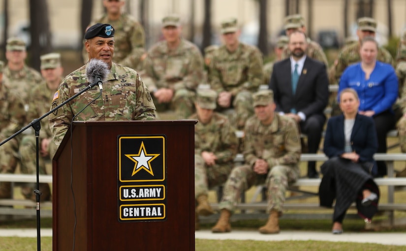 Lt. Gen. Michael X. Garrett, former commander of U.S. Army Central, provides his out-going speech to the attendees of USARCENT’s change of command ceremony at Lucky Park, outside of the command’s headquarters, Shaw Air Force Base S.C., Mar. 8, 2019. Garrett relinquished command and control of USARCENT to Lt. Gen. Terry Ferrell.