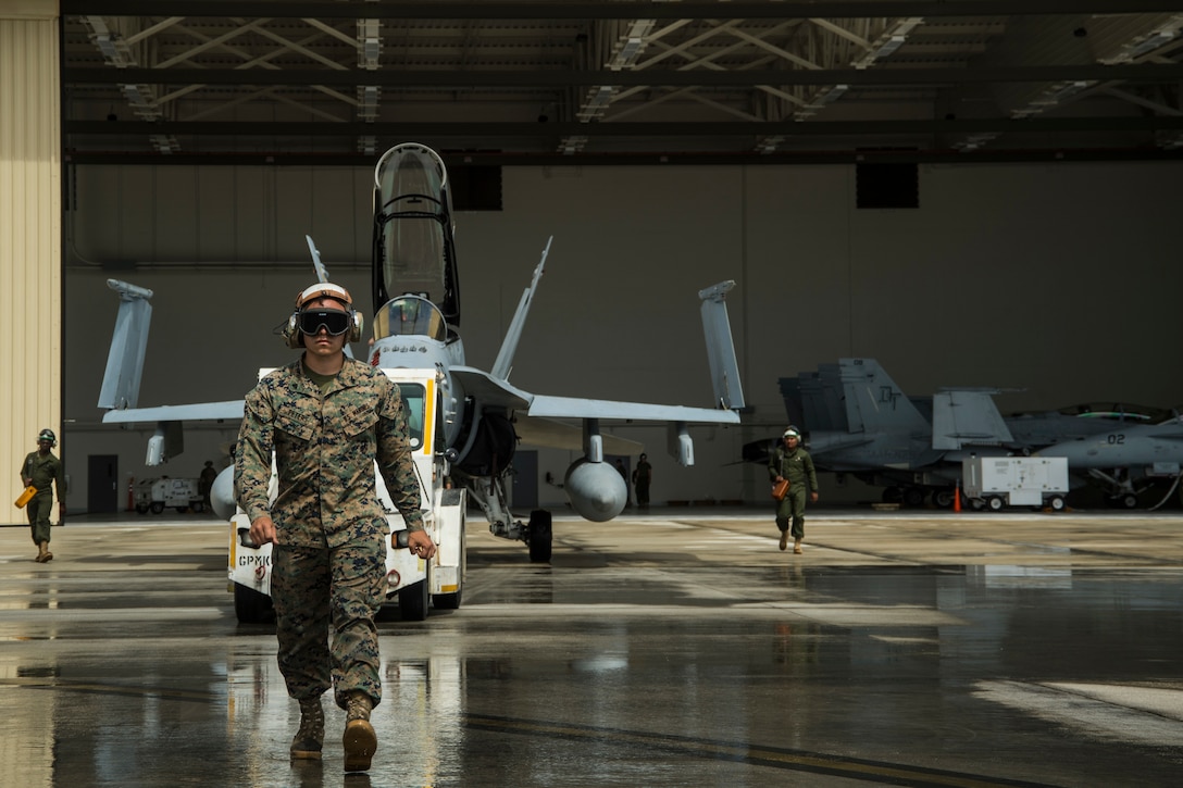 Marine escorts jet on flight line