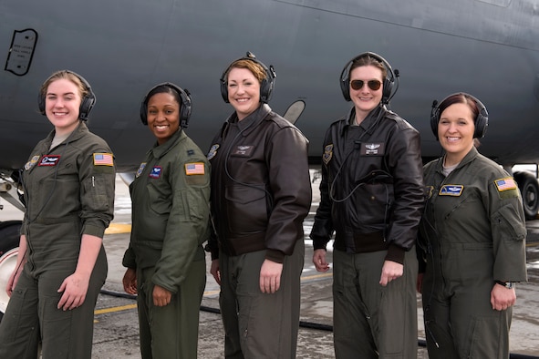 Team Fairchild’s all-women flight aircrew pose for a photo in honor of Women’s History Month at Fairchild Air Force Base, Washington, Mar. 8, 2019. The flight commemorated Raymonde de Laroche, a pioneer in aviation and the first woman in the world to receive a pilot’s license more than 100 years ago.  (U.S. Air Force photo by Airman 1st Class Whitney Laine)