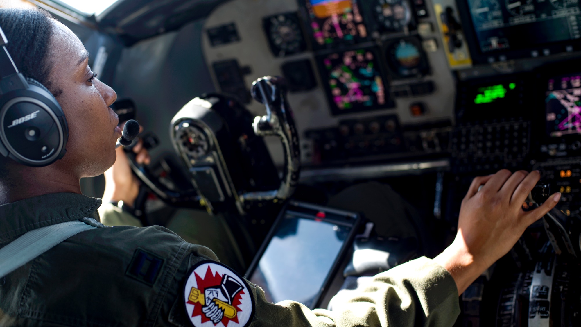 U.S. Air Force Capt. Jazmind Roberts, 93rd Air Refueling Squadron executive officer and pilot, navigates a KC-135 Stratotanker during an all-women flight over the Pacific Northwest area, Mar. 8, 2019. According to the Air Force Personnel Center, women currently make up 20.3 percent of the Air Force, a drastic increase of 17.1 percent since 1973, according to Pew Research. (U.S. Air Force photo by Airman 1st Class Whitney Laine)