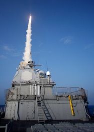 On February 20, 2008, USS Lake Erie (CG-70), fires a Standard Missile-3 destroying a dangerous, non-functioning satellite just before it enters earth’s atmosphere. The intercept occurs about 153 miles over the Pacific as the satellite travels at more than 17,000 mph.