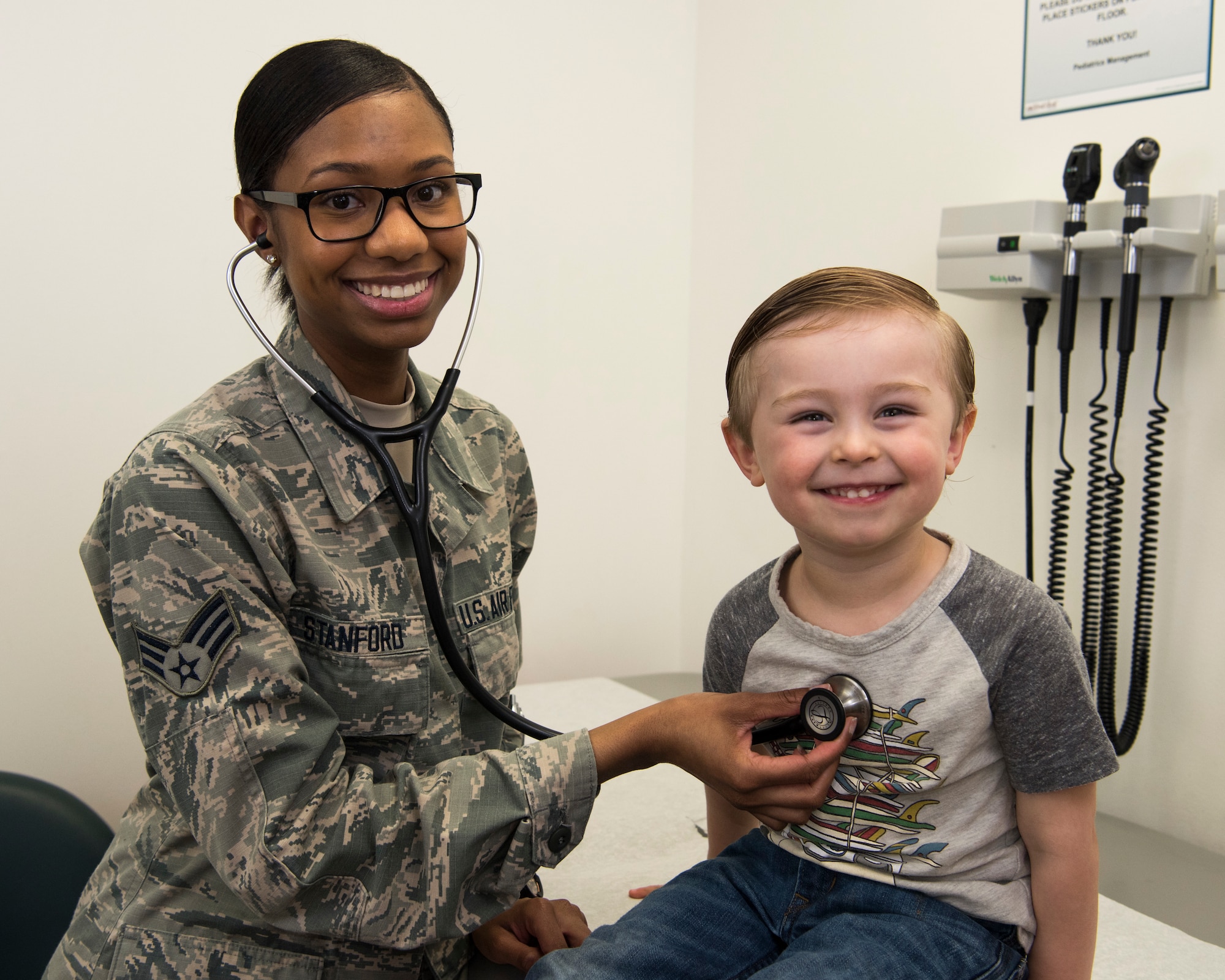 U.S. Air Force Senior Airman Shania Stanford, 366th Medical Support Squadron pediatric clinic aerospace medical technician, checks Jude’s vitals during an appointment at Mountain Home Air Force Base, Idaho, March 1, 2019. The pediatric clinic takes care of Airmen and their families by ensuring the overall health of their children. (U.S. Air Force photo by Airman 1st Class Andrew Kobialka)