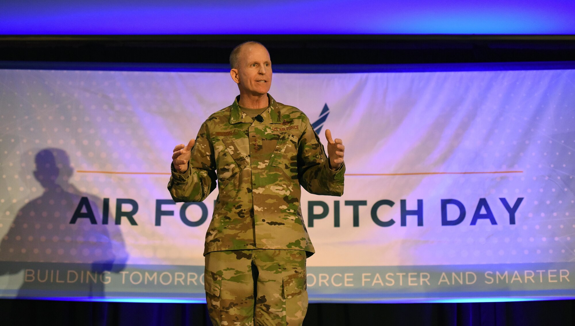 Air Force Vice Chief of Staff Gen. Stephen W. Wilson speaks to a crowd of small businesses, venture capitalists and Airmen during the inaugural Air Force Pitch Day inNew York, March 7, 2019. Air Force Pitch Day is designed as a fast-track program to put companies on one-page contracts and same-day awards with the swipe of a government credit card. The Air Force is partnering with small businesses to help further national security in air, space and cyberspace. (U.S. Air Force photo by Tech Sgt. Anthony Nelson Jr.)