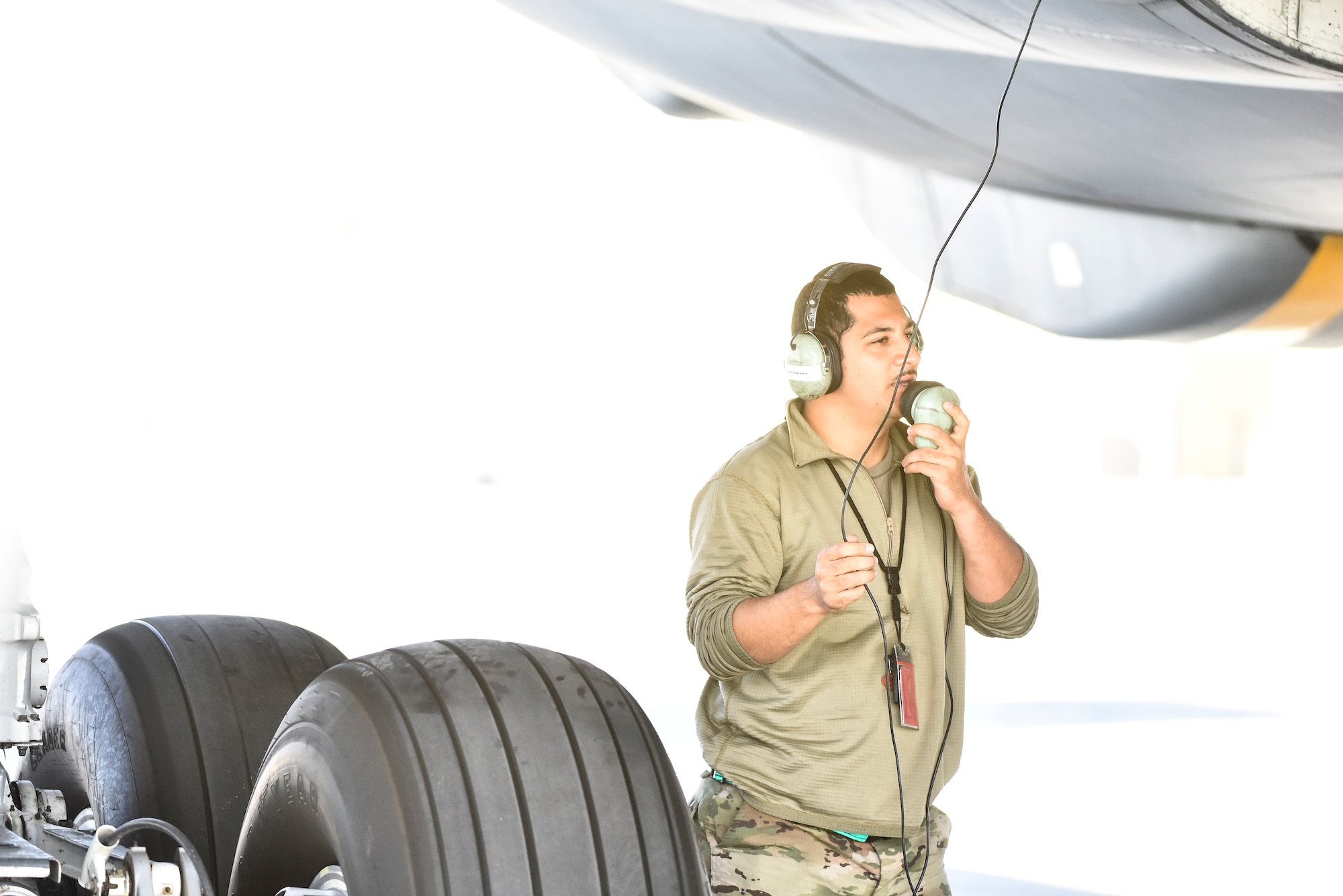 Tech Sgt. Louis Matos, 380th Expeditionary Aircraft Maintenance Squadron hydraulic systems specialist, troubleshoots a KC-10 Extender at Al Dhafra Air Base, United Arab Emirates, Mar. 5, 2019. Hydraulic systems specialists are responsible for maintaining fluid-, air- or gas-pressured devices on aircraft. (U.S. Air Force photo by Senior Airman Mya M. Crosby)