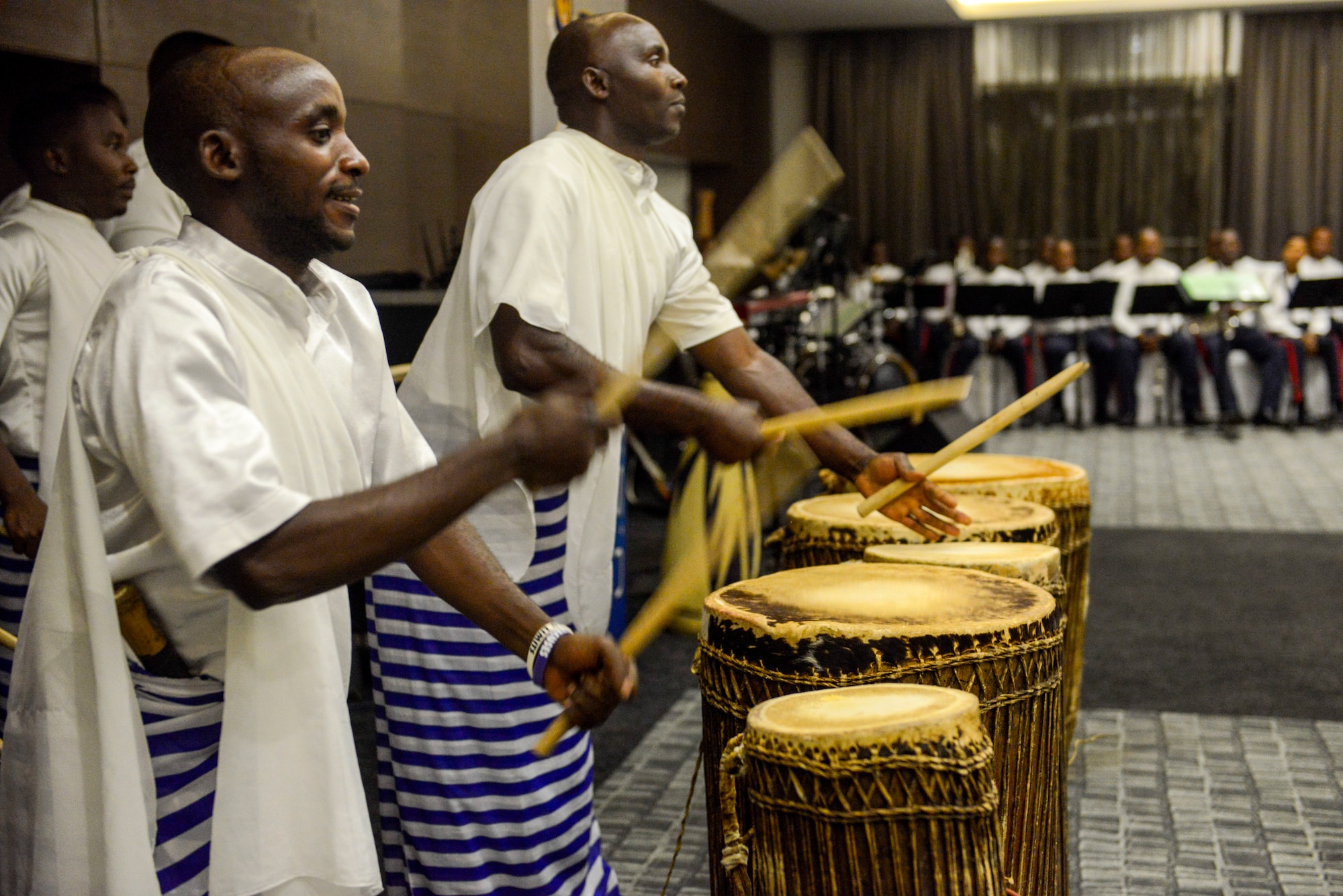 Rwandan artists with LEAF Community Arts play traditional Rwandan music during an African Partnership Flight Rwanda cultural dinner in Kigali, Rwanda, March 7, 2019. APF Rwanda focused on flight, ground, and weapons safety, but it also allowed it participants the opportunity to experience the cultures of the participating nations. (U.S. Air Force photo by Tech. Sgt. Timothy Moore)