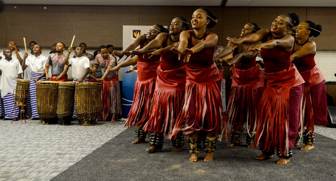 Rwandan artists with LEAF Community Arts perform a traditional Rwandan dance during an African Partnership Flight Rwanda cultural dinner in Kigali, Rwanda, March 7, 2019. APF Rwanda focused on flight, ground, and weapons safety, but it also allowed it participants the opportunity to experience the cultures of the participating nations. (U.S. Air Force photo by Tech. Sgt. Timothy Moore)
