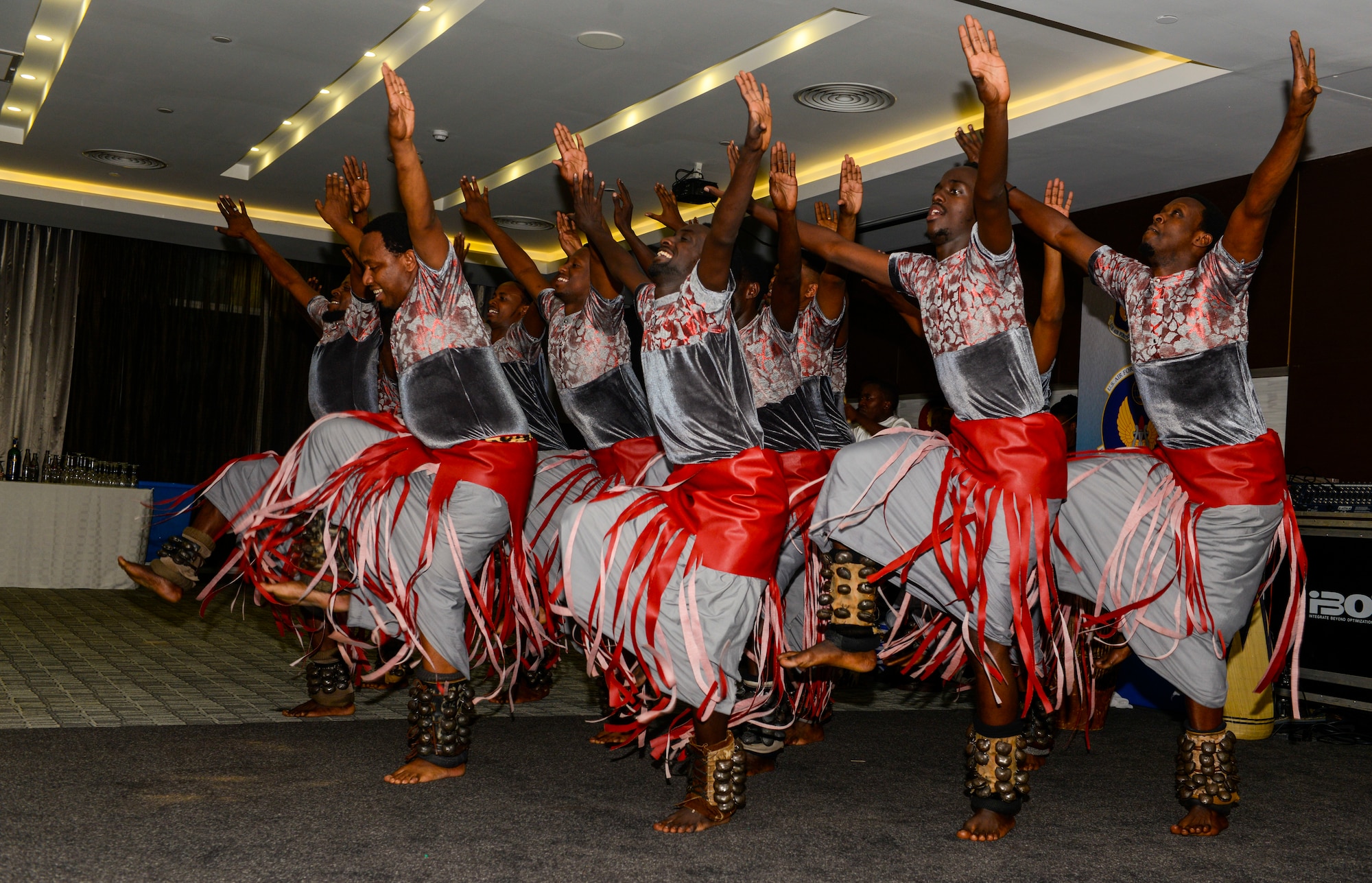 Rwandan artists with LEAF Community Arts perform a traditional Rwandan dance during an African Partnership Flight Rwanda cultural dinner in Kigali, Rwanda, March 7, 2019. APF Rwanda focused on flight, ground, and weapons safety, but it also allowed it participants the opportunity to experience the cultures of the participating nations. (U.S. Air Force photo by Tech. Sgt. Timothy Moore)