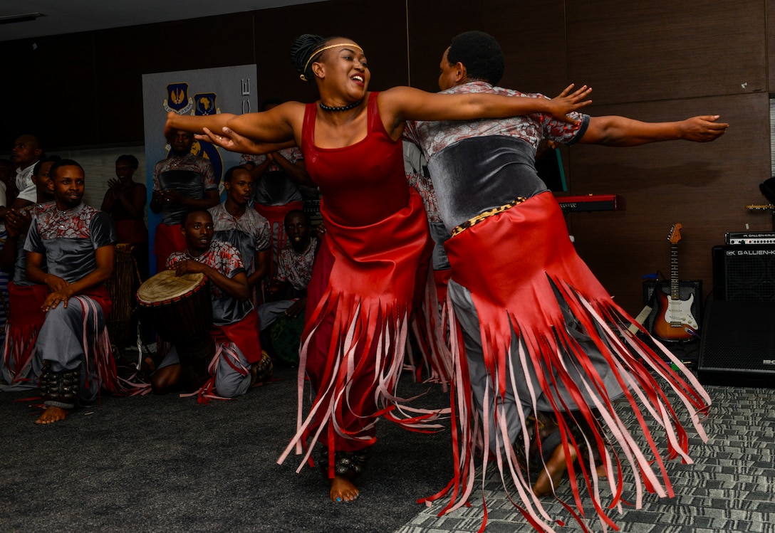 Rwandan artists with LEAF Community Arts perform a traditional Rwandan dance during an African Partnership Flight Rwanda cultural dinner in Kigali, Rwanda, March 7, 2019. APF Rwanda focused on flight, ground, and weapons safety, but it also allowed it participants the opportunity to experience the cultures of the participating nations. (U.S. Air Force photo by Tech. Sgt. Timothy Moore)