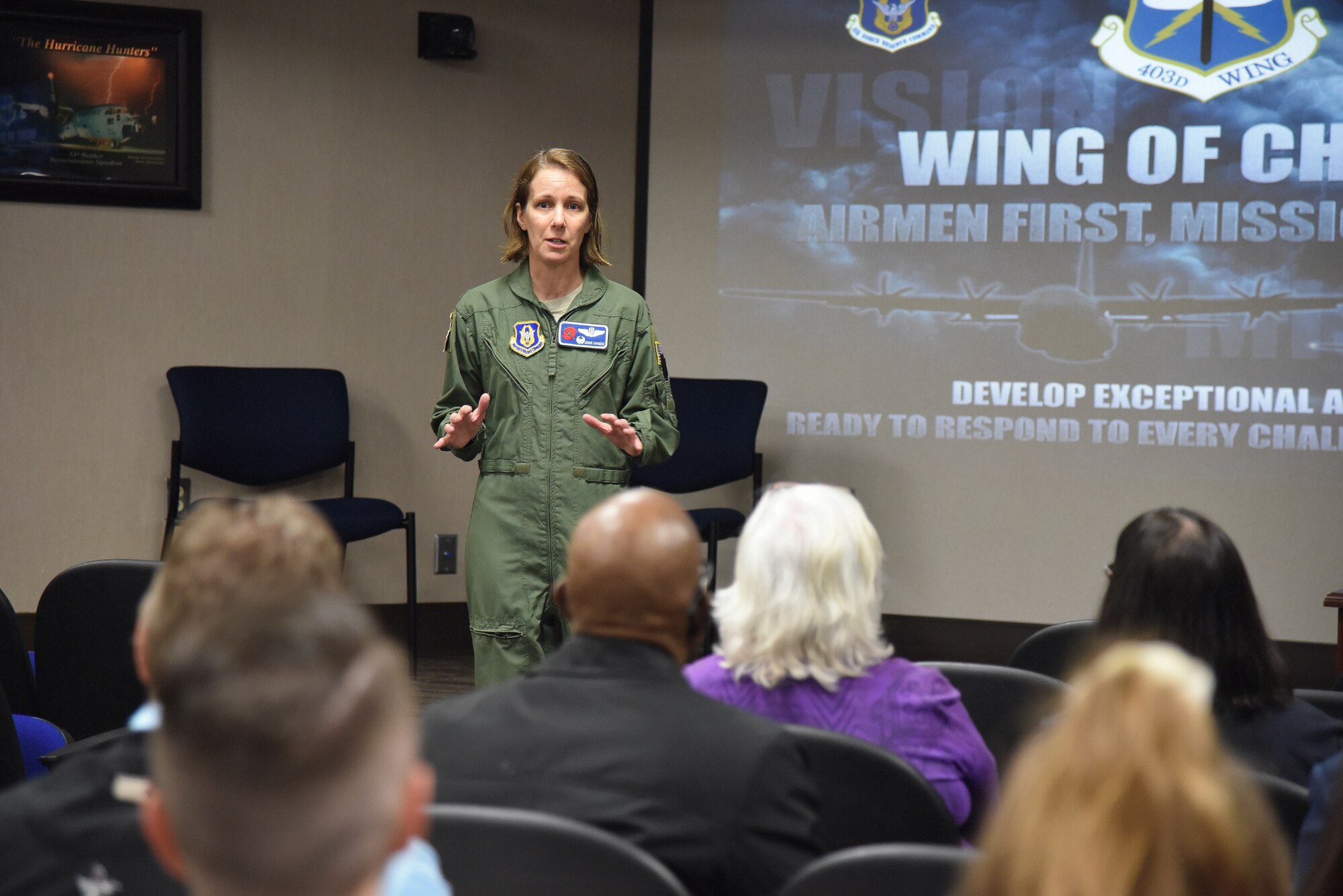 Col. Jennie R. Johnson, 403rd Wing commander, welcomes Keesler Air Force Base Honorary Commanders during a tour of the wing March 8, 2019. The 403rd Wing hosted the group and informed the local civic leaders about the Air Force Reserve and wing mission. (U.S. Air Force photo by Tech. Sgt. Michael Farrar)