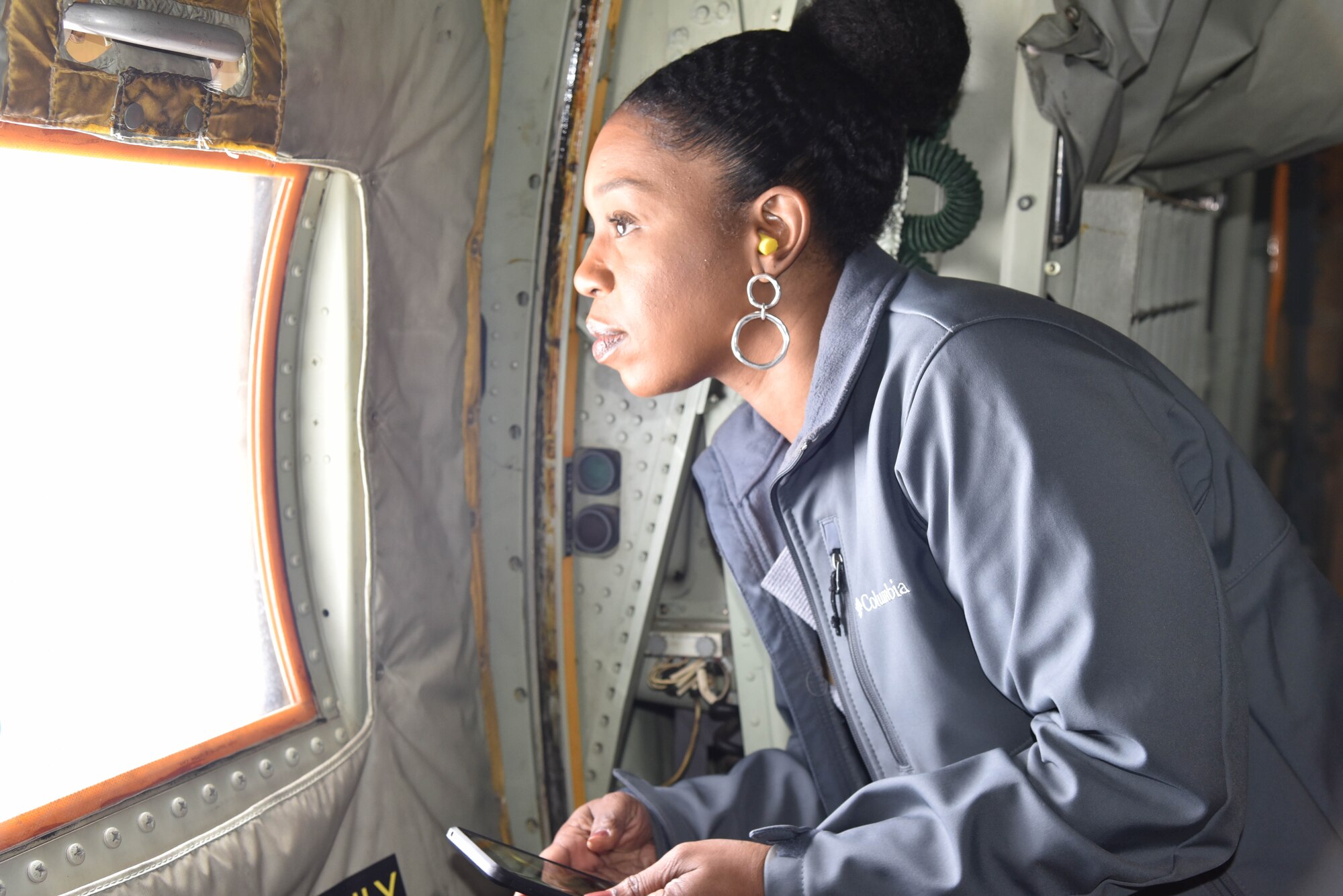 Tiffany Bell, Women's Resource Center Executive Director and 81st Training Wing Honorary Commander, flew on a training mission with the 53rd Weather Reconnaissance Squadron, also known as the Hurricane Hunters, March 8, 2019. Bell, along with her Keesler Honorary Commander counterparts, toured the 403rd Wing, an Air Force Reserve tenant unit on Keesler Air Force Base, Miss. (U.S. Air Force photo by Tech. Sgt. Michael Farrar)