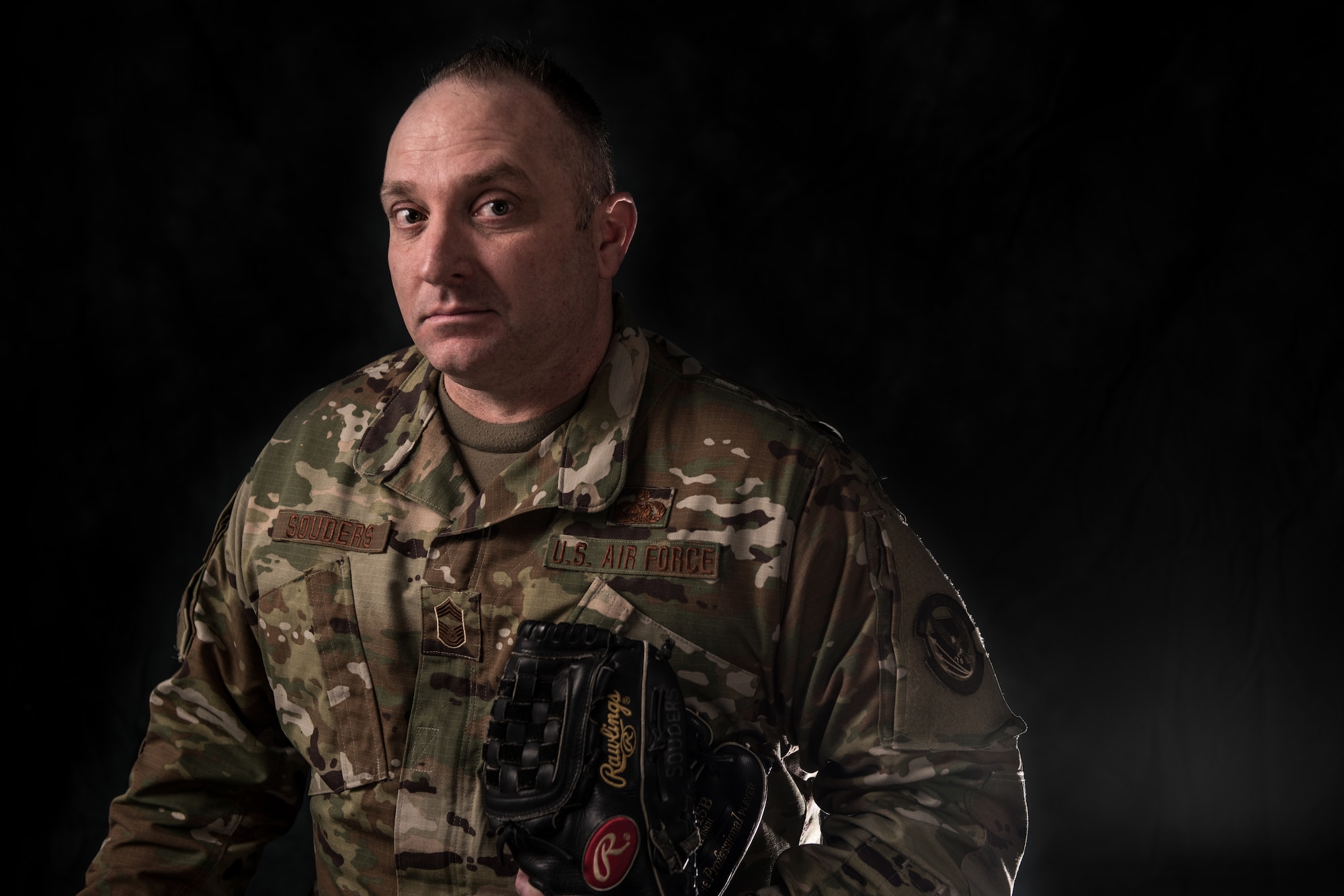 Chief Master Sgt. Greg Souders, the superintendent of the 193rd Special Operations Logistics Readiness Squadron, Pennsylvania Air National Guard, poses for a photo