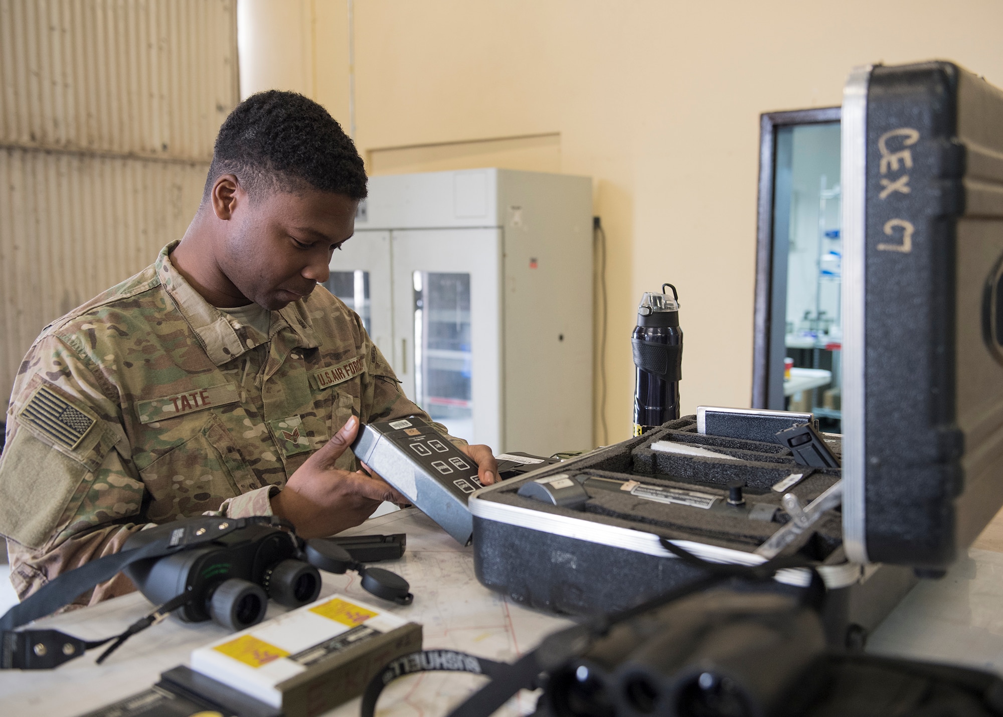 Senior Airman Jameson Tate, 39th Civil Engineer Squadron emergency management logistics journeyman, inspects equipment Feb. 27, 2019, at Incirlik Air Base, Turkey.