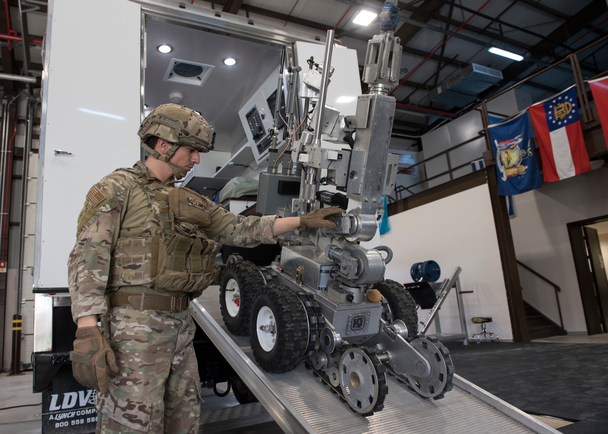 Staff Sgt. Kevin Oseguera, 39th Civil Engineer Squadron explosive ordnance disposal team leader, assists an EOD robot March 4, 2019, at Incirlik Air Base, Turkey.