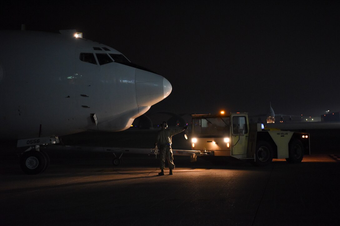 An E-3 Sentry is towed into its parking spot after landing at Al Dhafra Air Base, United Arab Emirates, Mar. 7, 2019.
