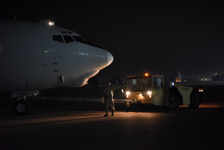 An E-3 Sentry is towed into its parking spot after landing at Al Dhafra Air Base, United Arab Emirates, Mar. 7, 2019.