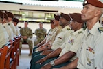 Colombian senior noncommissioned officers selected for training listen to guest speakers during the opening ceremony for the Advance Joint Special Operations Forces NCO Course, held in Tolemaida, Colombia, March. 4, 2019