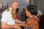 Republic of the Marshall Islands (March 11, 2019) A representative of the Majuro Mejen Armij places a lei on Royal Navy Capt. Paddy Allen, director of mission, following the opening ceremony aboard the Military Sealift Command fast transport ship USNS Brunswick (T-EPF 6). Pacific Partnership, now in its 14th iteration, is the largest annual multinational humanitarian assistance and disaster relief preparedness mission conducted in the Indo-Pacific. Each year, the mission team works collectively with host and partner nations to enhance regional interoperability and disaster response capabilities, increase stability and security in the region, and foster new and enduring friendships in the Indo Pacific.