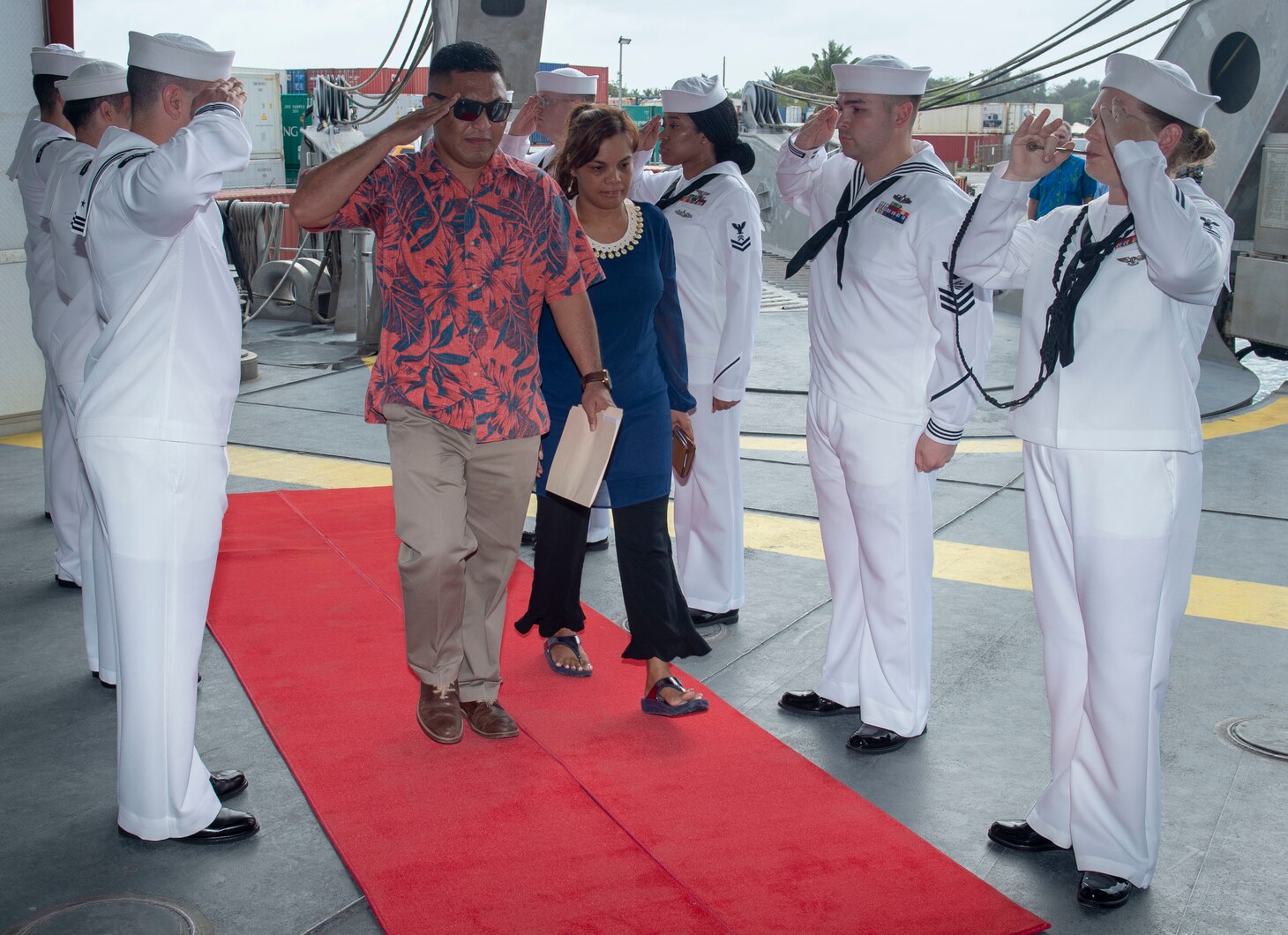 Republic of the Marshall Islands (March 11, 2019) – The Honorable Kalani Kaneko, minister of health and human services, and his wife are piped aboard the Military Sealift Command expeditionary fast transport ship USNS Brunswick (T-EPF 6) for the opening ceremony of Pacific Partnership 2019. Pacific Partnership, now in its 14th iteration, is the largest annual multinational humanitarian assistance and disaster relief preparedness mission conducted in the Indo-Pacific. Each year, the mission team works collectively with host and partner nations to enhance regional interoperability and disaster response capabilities, increase stability and security in the region, and foster new and enduring friendships in the Indo Pacific.