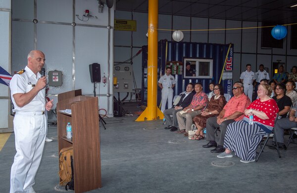 Republic of the Marshall Islands (March 11, 2019) – Royal Navy Capt. Paddy Allen, director of mission for Pacific Partnership 2019, gives opening remarks during the opening ceremony aboard the Military Sealift Command expeditionary fast transport ship USNS Brunswick (T-EPF 6). Pacific Partnership, now in its 14th iteration, is the largest annual multinational humanitarian assistance and disaster relief preparedness mission conducted in the Indo-Pacific. Each year, the mission team works collectively with host and partner nations to enhance regional interoperability and disaster response capabilities, increase stability and security in the region, and foster new and enduring friendships in the Indo Pacific.