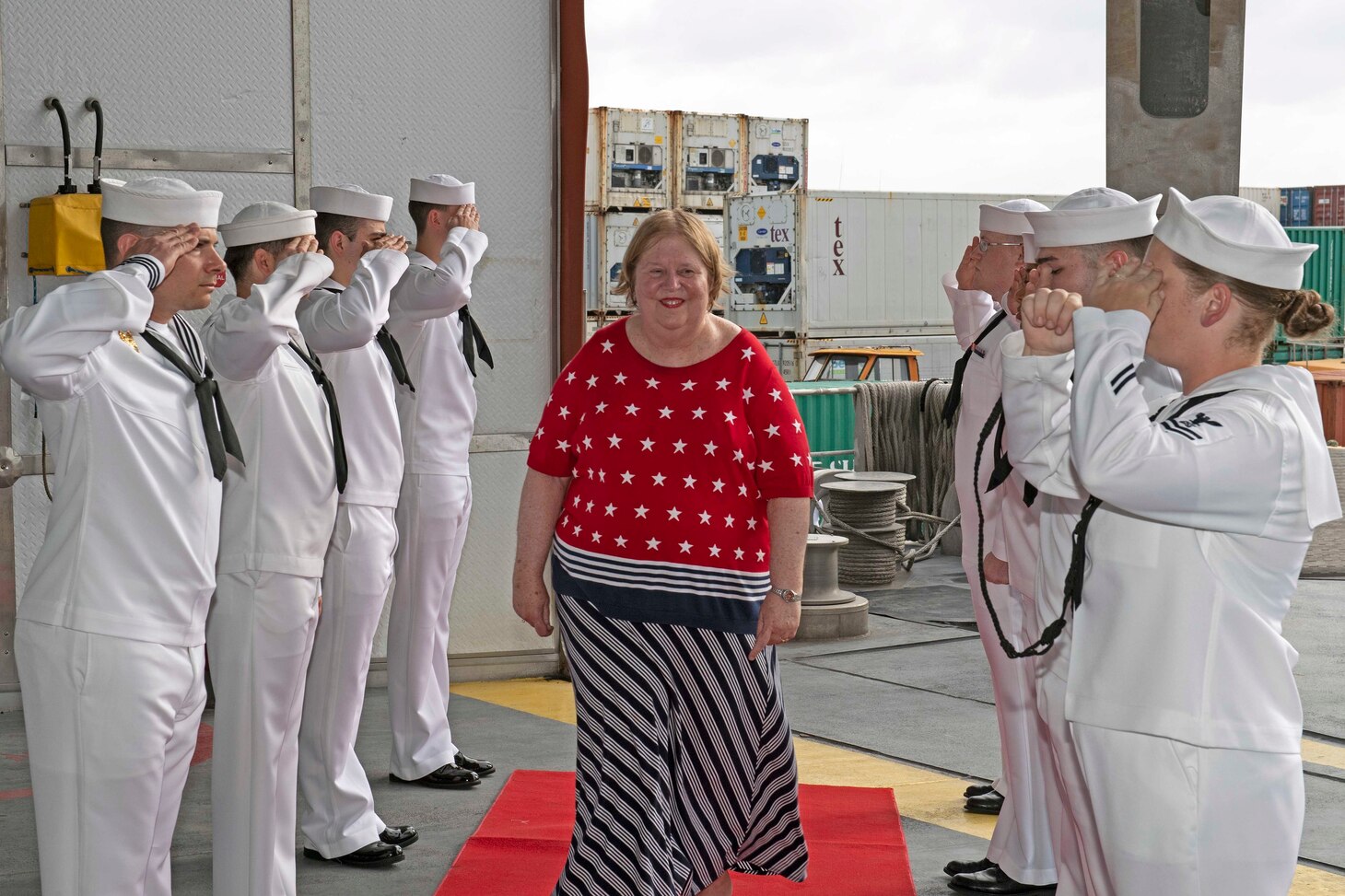 Republic of the Marshall Islands (March 11, 2019) The U.S. Ambassador of the Republic of the Marshall Islands Karen Stewart is piped aboard the Military Sealift Command fast transport ship USNS Brunswick (T-EPF 6) for the opening ceremony of Pacific Partnership 2019. Pacific Partnership, now in its 14th iteration, is the largest annual multinational humanitarian assistance and disaster relief preparedness mission conducted in the Indo-Pacific. Each year, the mission team works collectively with host and partner nations to enhance regional interoperability and disaster response capabilities, increase stability and security in the region, and foster new and enduring friendships in the Indo Pacific.