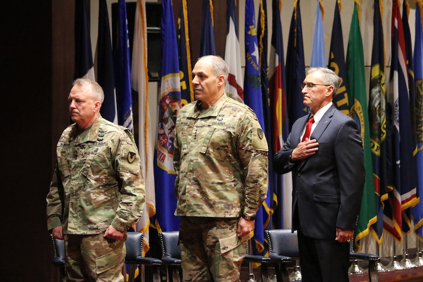 Maj. Gen. Doug Gabram (left), commander of the U.S. Army Aviation and Missile Command, Gen. Gus Perna, commander of the Army Materiel Command, and William Marriott, AMCOM deputy to the commanding general