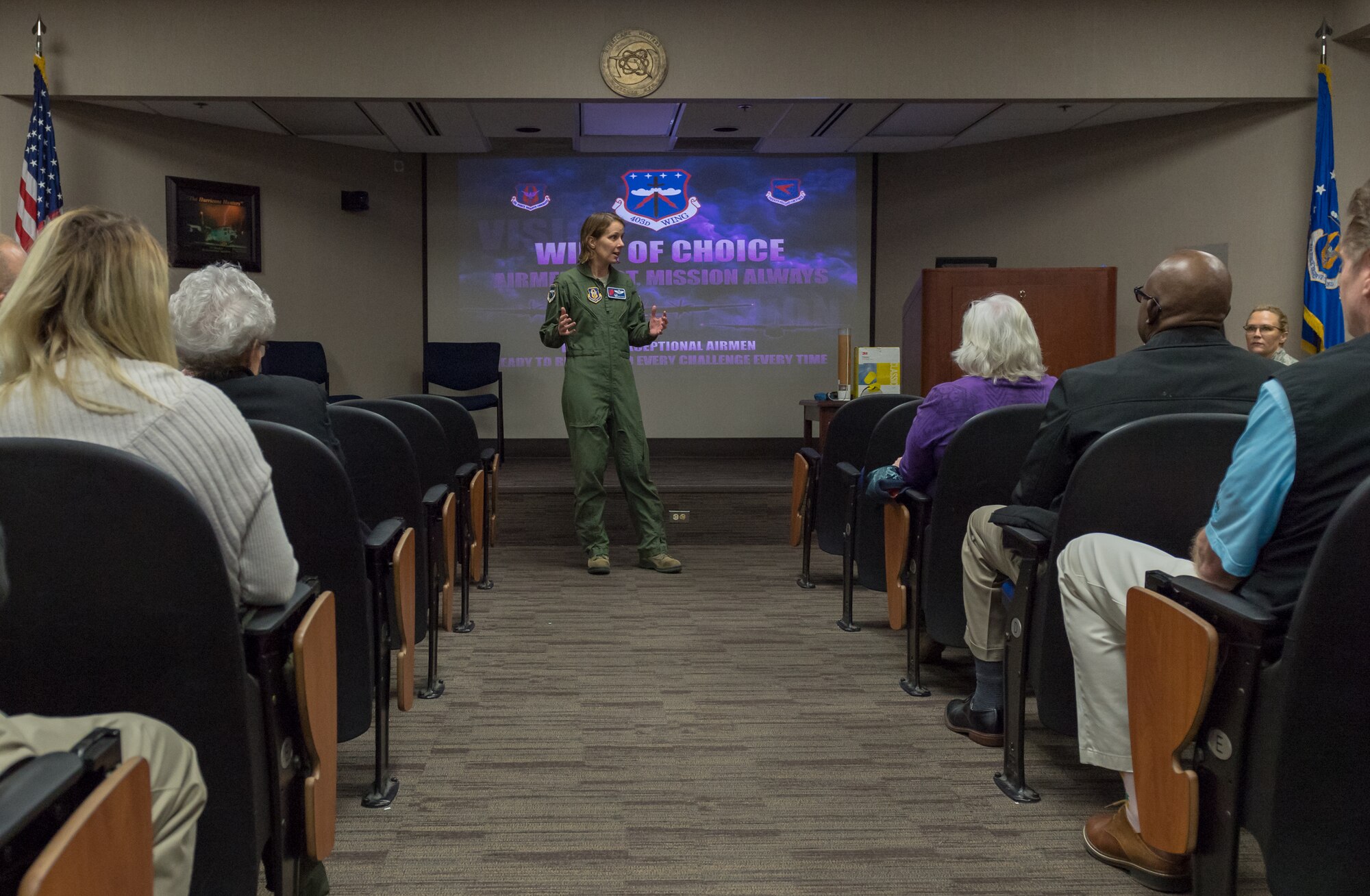 U.S. Air Force Col. Jennie Johnson, 403d Wing commander, provides opening remarks to Keesler honorary commanders during the 403rd Wing Honorary Commanders Tour at the 53rd Weather Reconnaissance Squadron at Keesler Air Force Base, Mississippi, March 08, 2019. The tour was intended to familiarize honorary commanders with the 403rd Wing and the Air Force Reserve mission and capabilities. The event also included an incentive flight on a WC-130J Hercules. (U.S. Air Force Photo by Andre' Askew)