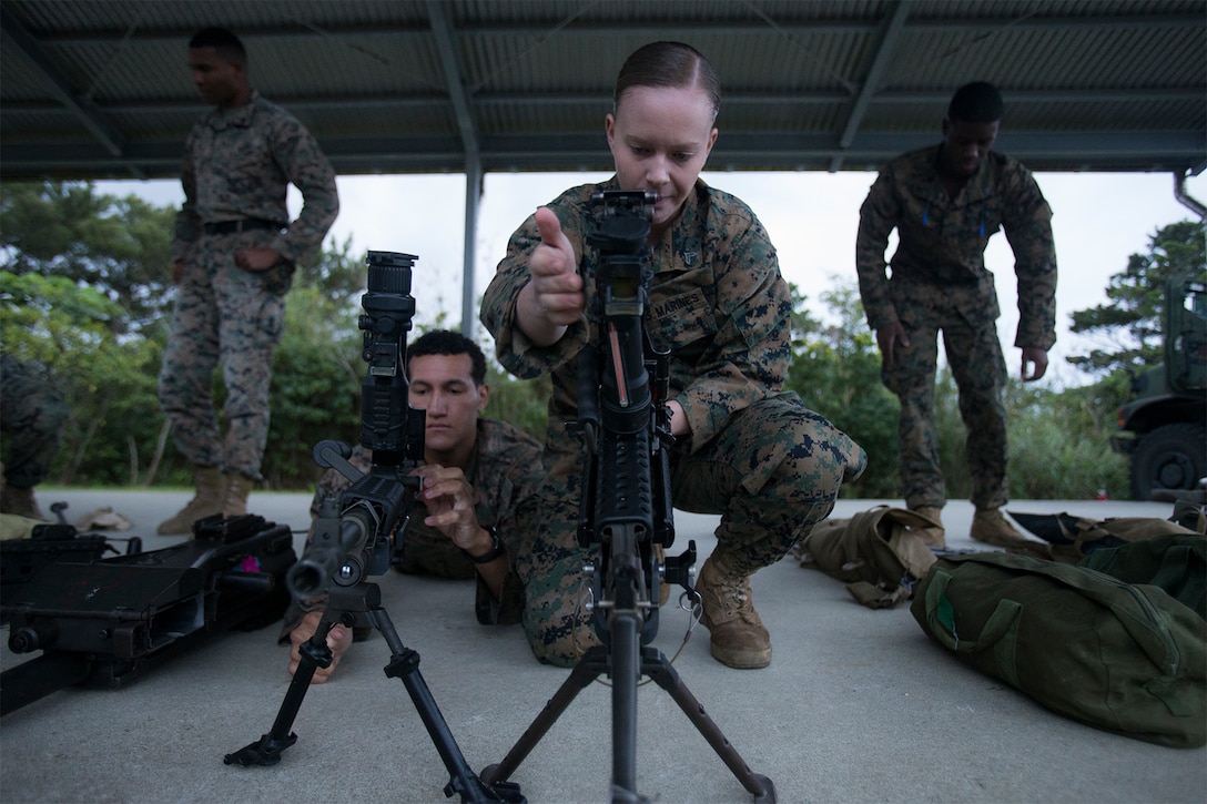 Marines perform function checks during machine gun and heavy-weapons training.