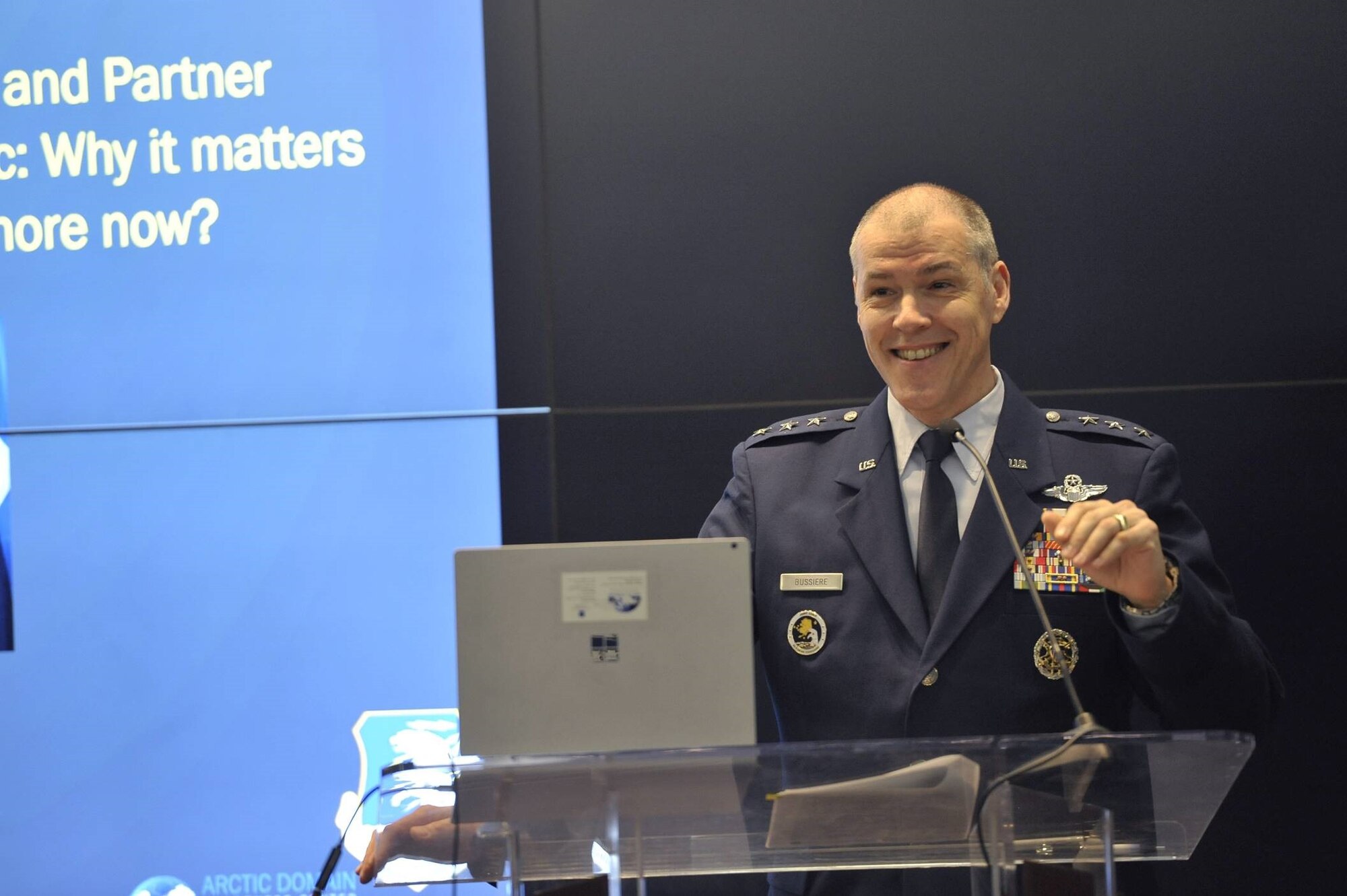 Lt. Gen. Tom Bussiere, 11th Air Force commander, discusses the strategic importance of Alaskan Command and the arctic during the Alaskan Command Arctic Senior Leader Summit Jan. 18, 2019 on Fort McNair, Washington, D.C. (U.S. Air Force photo by Tech. Sgt. Robert Barnett)